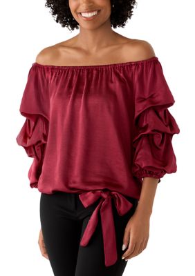 Vince Camuto Women's Petite Off the Shoulder Bubble Sleeve Blouse, Crimson, PS