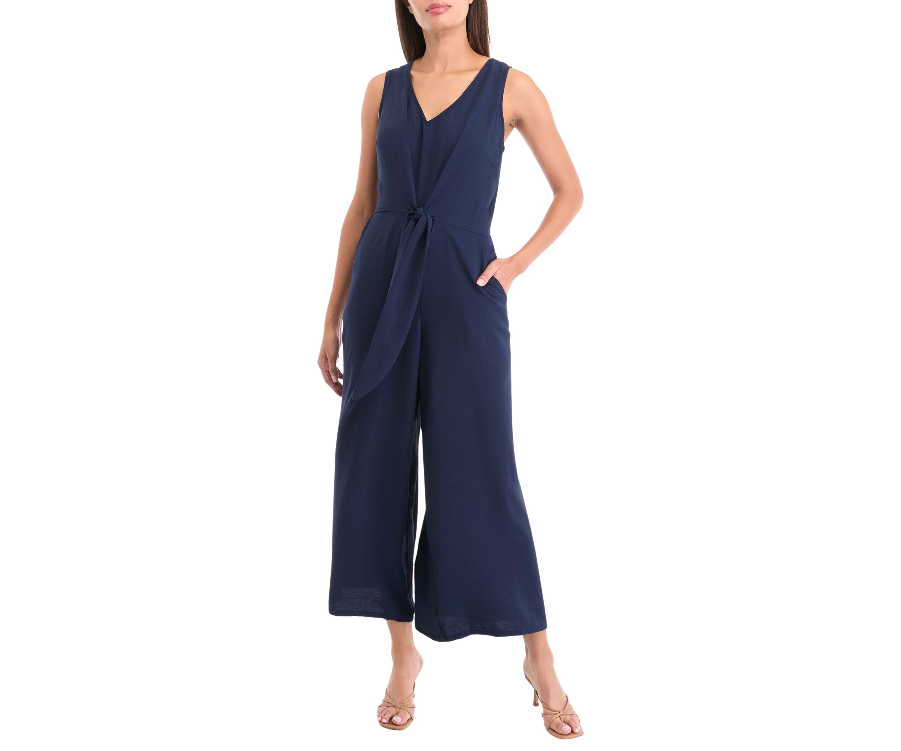 Womens Tie Waist V-Neck Jumpsuit 