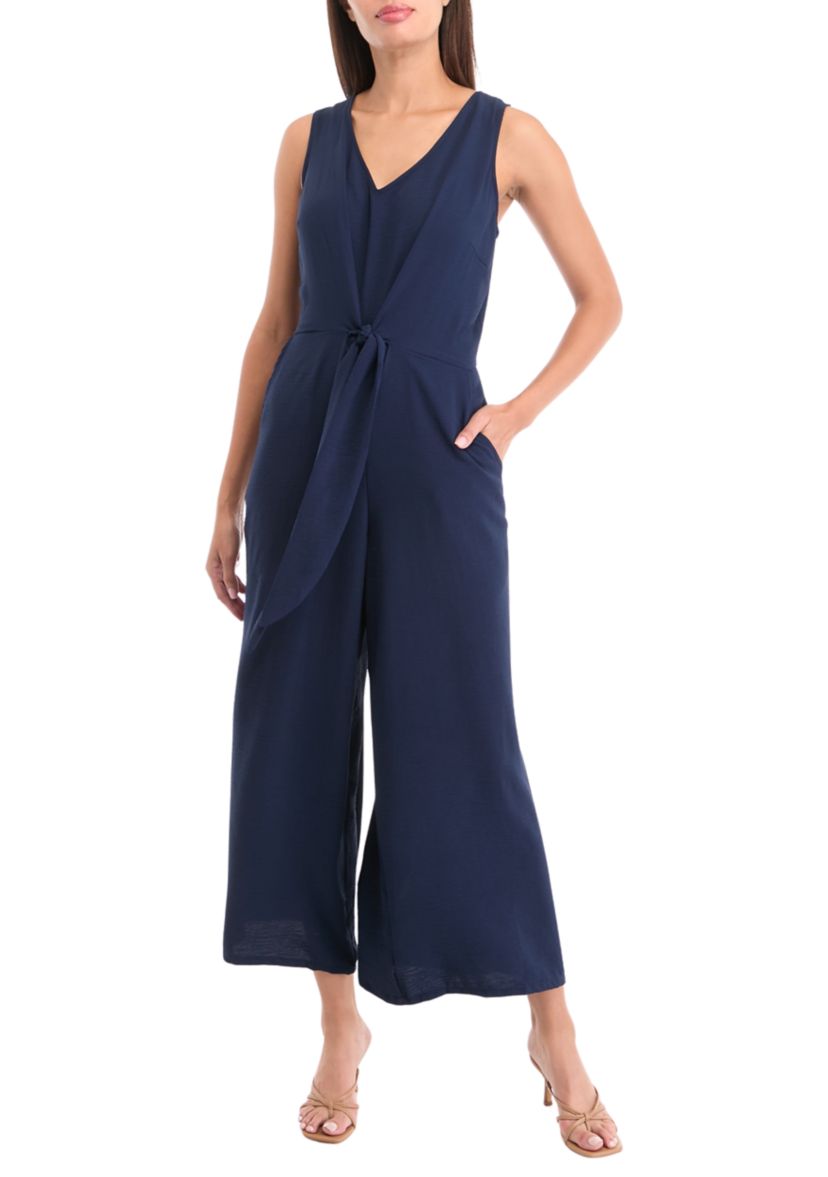 Womens Tie Waist V-Neck Jumpsuit 