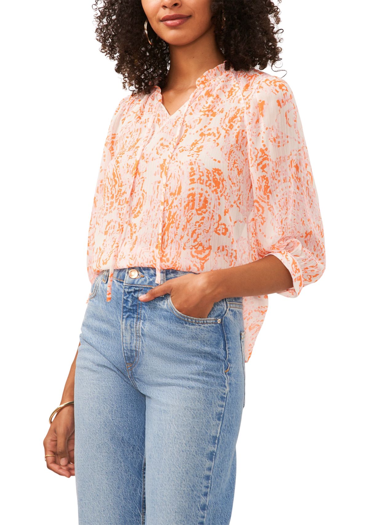 Womens 3/4 Sleeve Paisley Split Neck Blouse