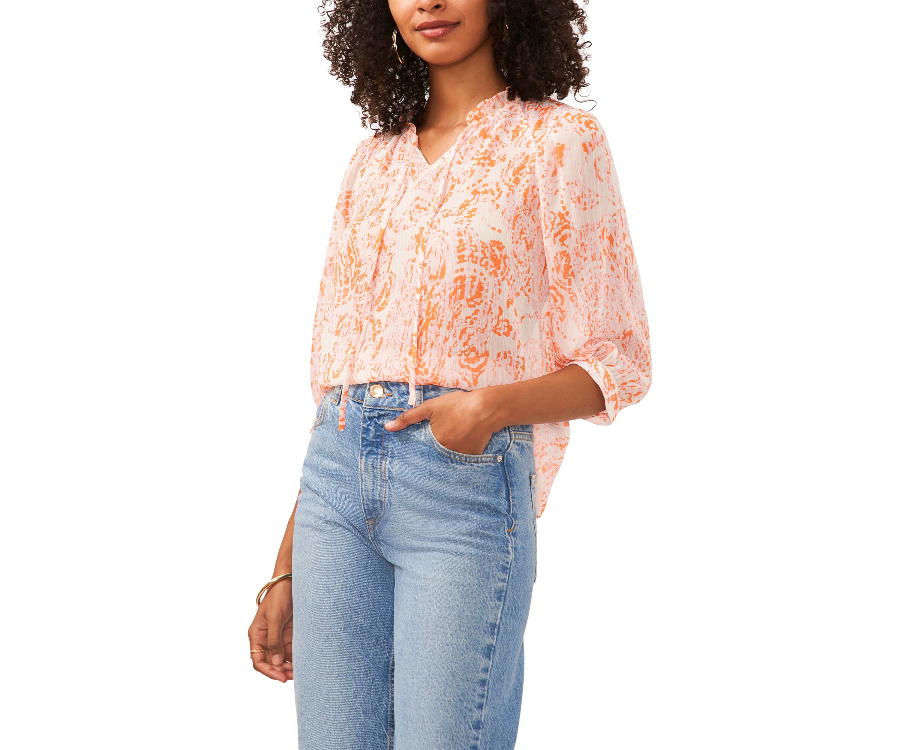 Womens 3/4 Sleeve Paisley Split Neck Blouse