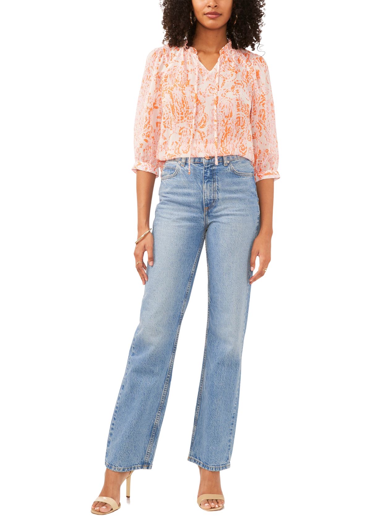 Womens 3/4 Sleeve Paisley Split Neck Blouse