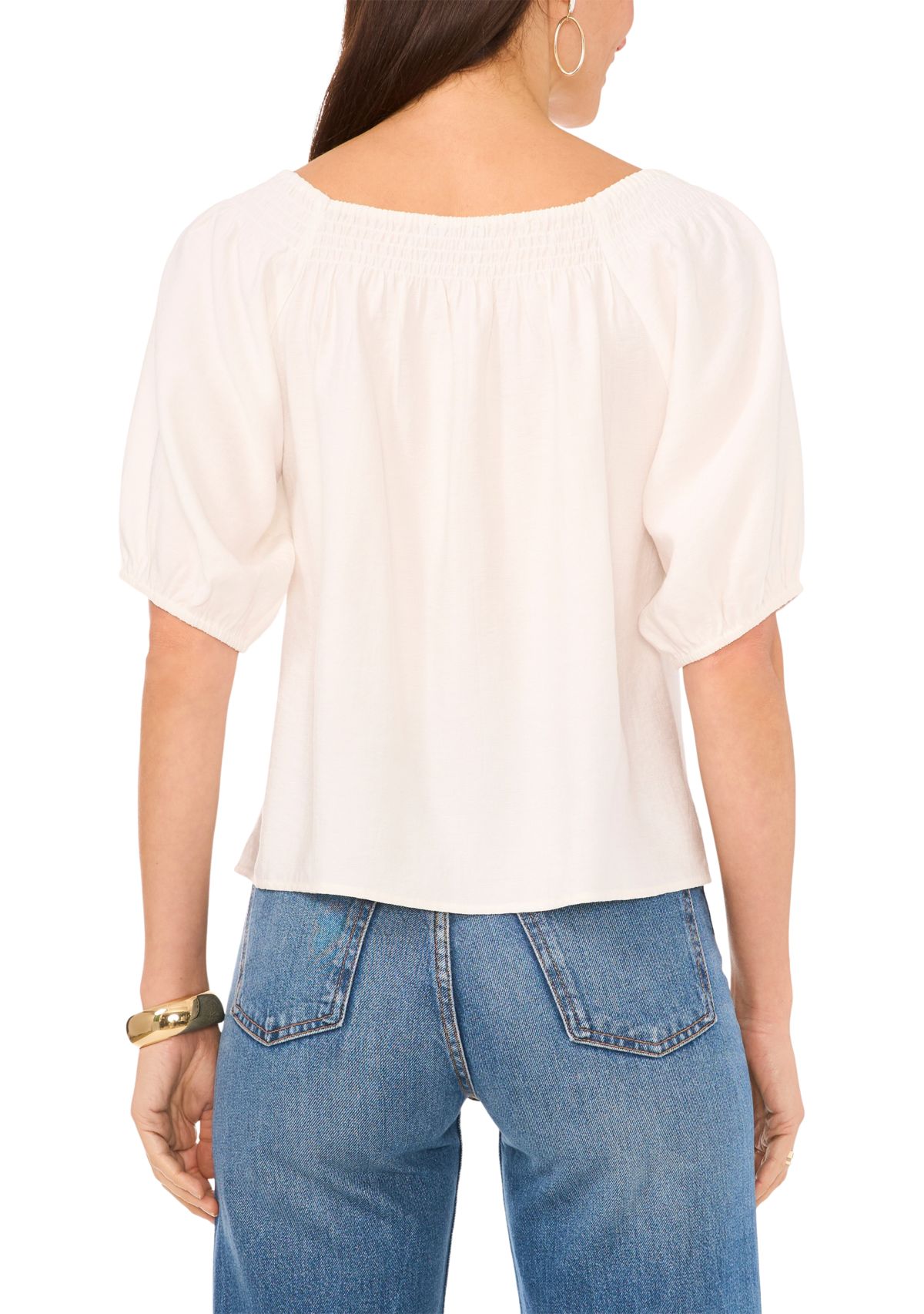 Womens Square Neck Puff Sleeve Rumple Twill Shirt