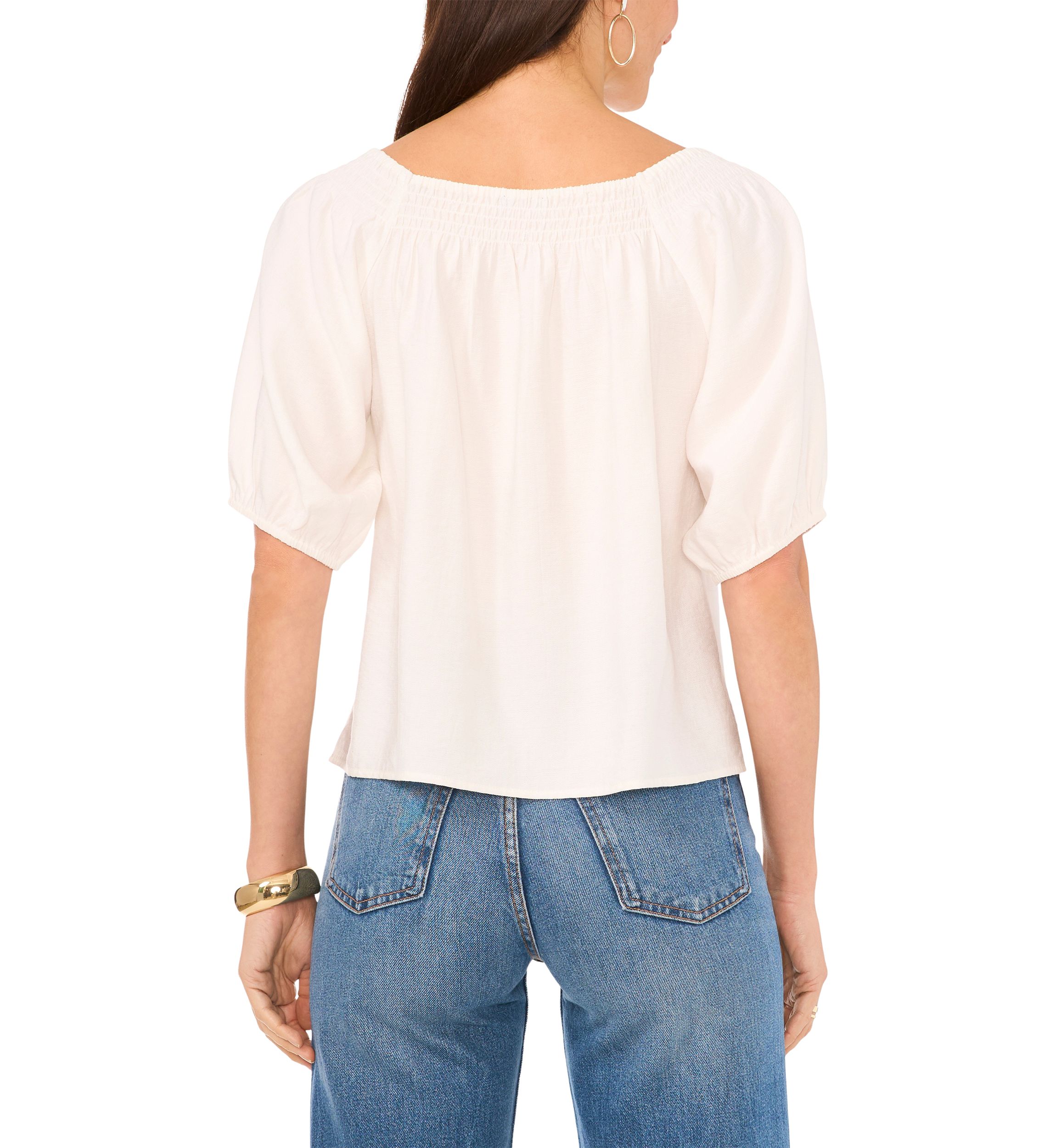 Womens Square Neck Puff Sleeve Rumple Twill Shirt
