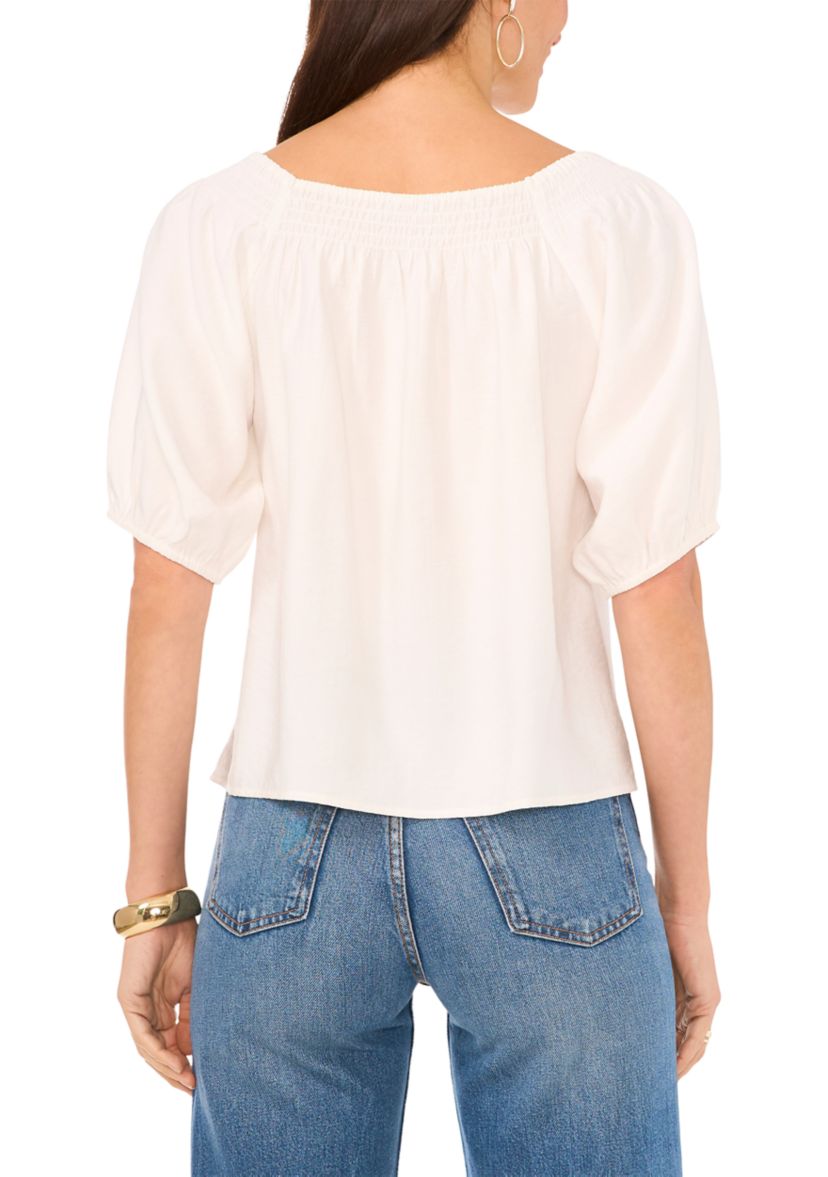 Womens Square Neck Puff Sleeve Rumple Twill Shirt