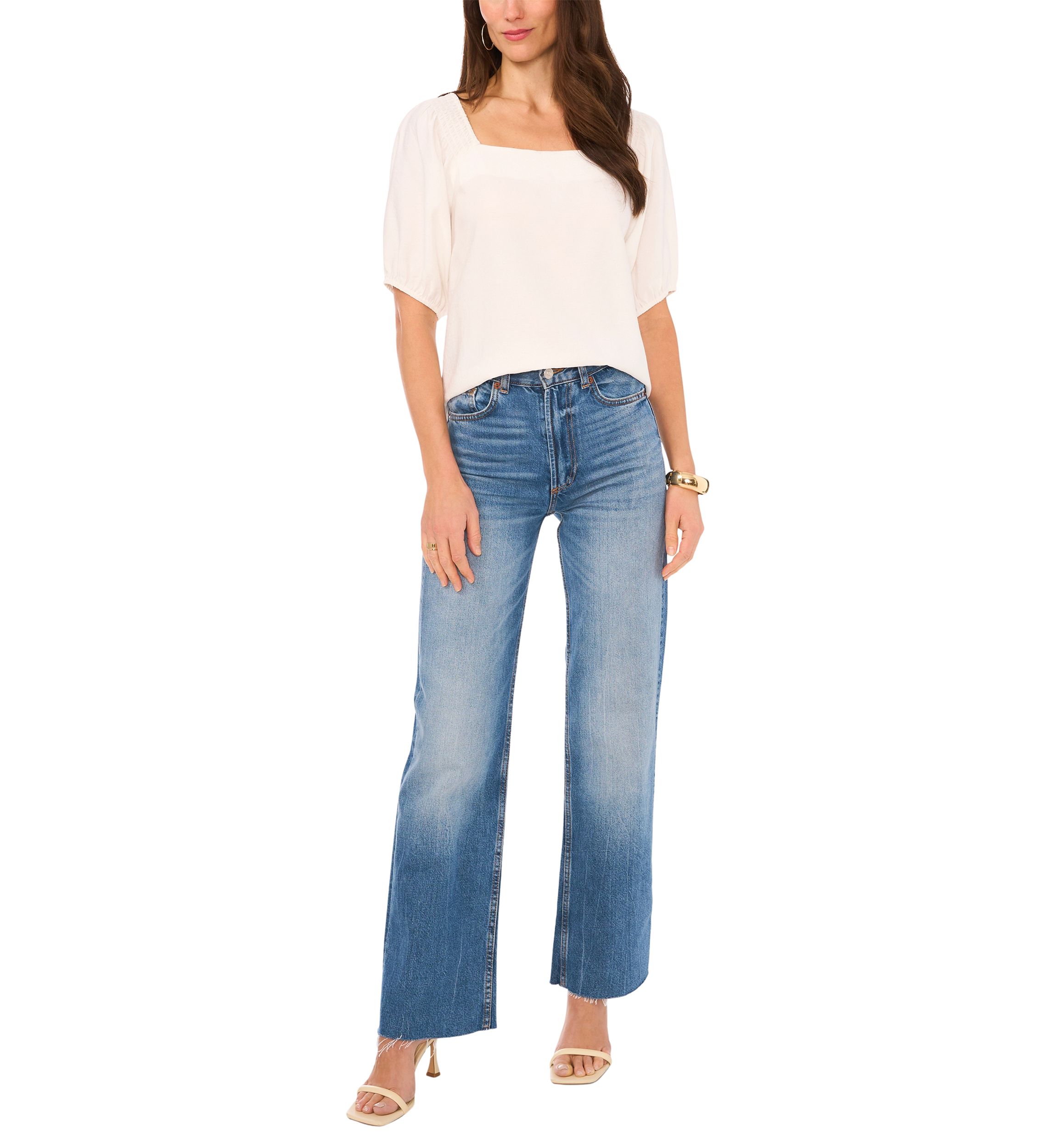 Womens Square Neck Puff Sleeve Rumple Twill Shirt