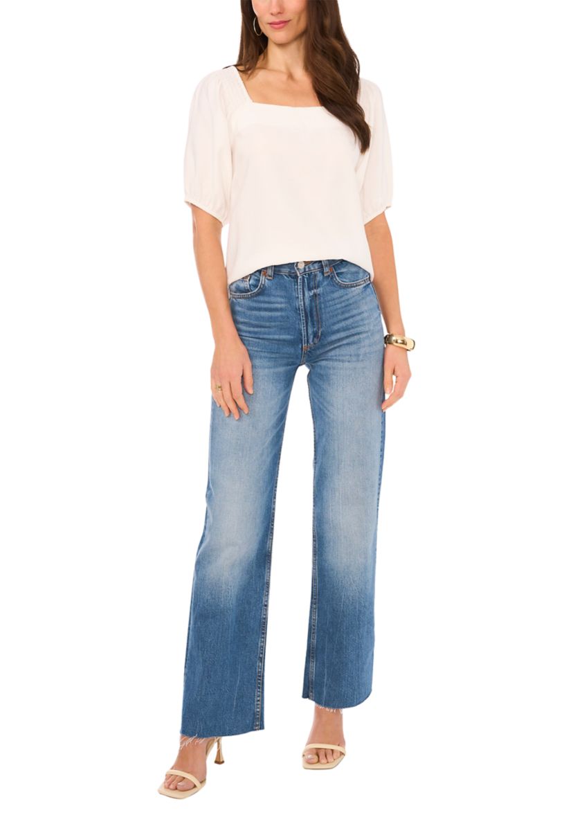 Womens Square Neck Puff Sleeve Rumple Twill Shirt