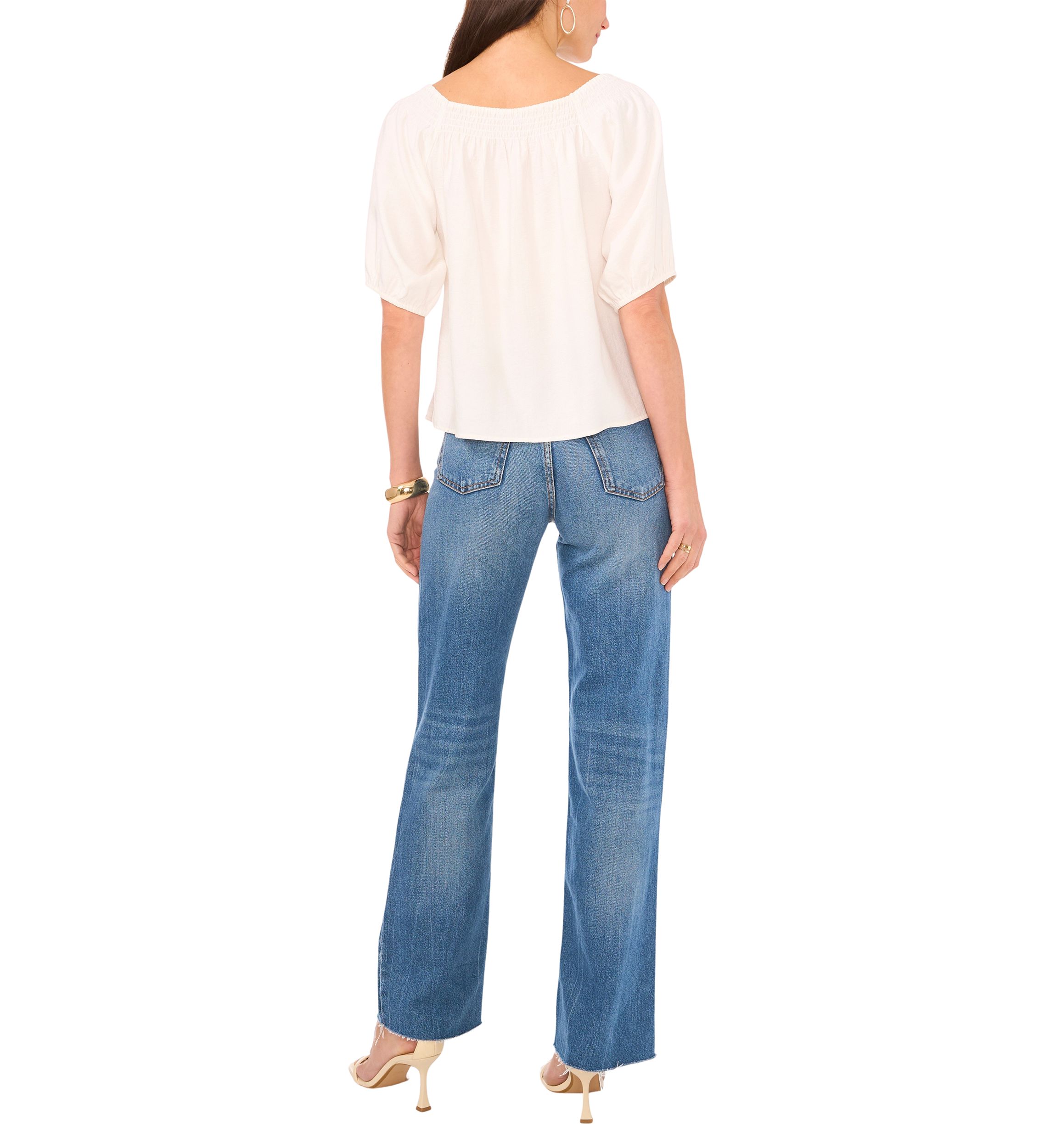 Womens Square Neck Puff Sleeve Rumple Twill Shirt