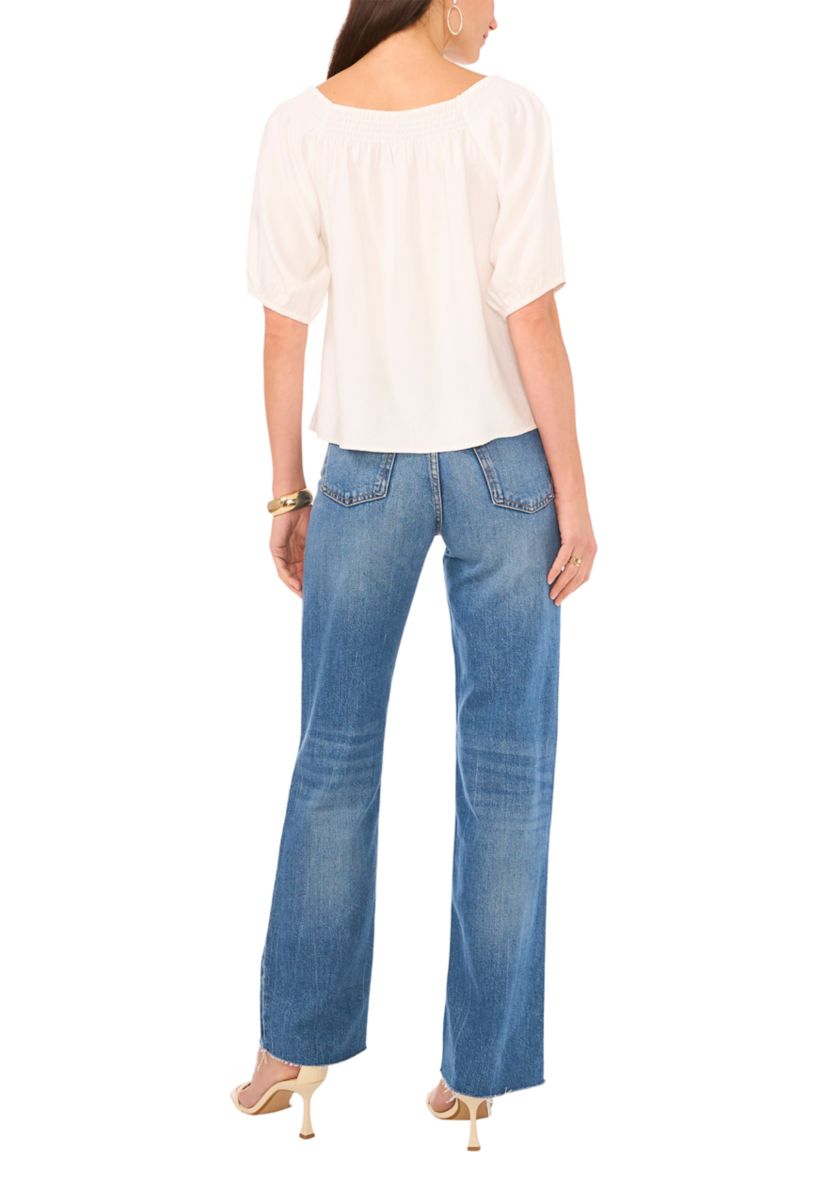 Womens Square Neck Puff Sleeve Rumple Twill Shirt