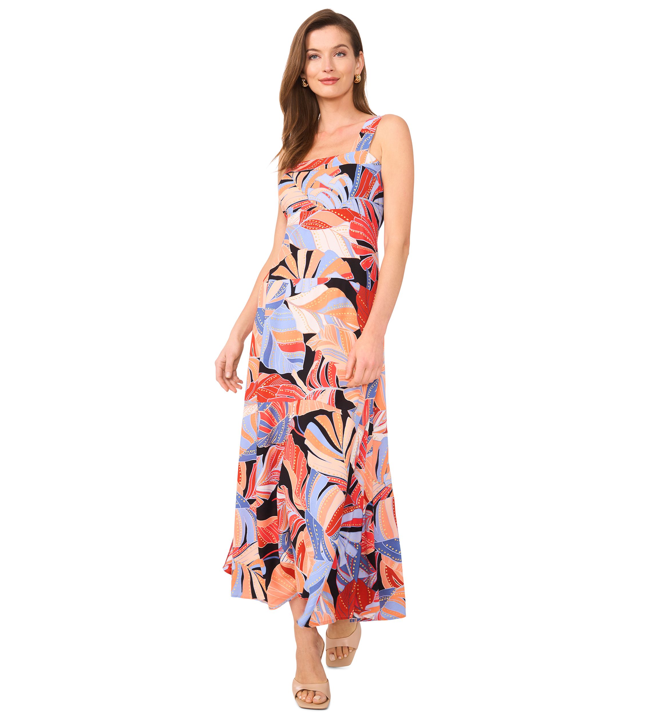 Womens Sleeveless Leaf Print Square Neck Dress