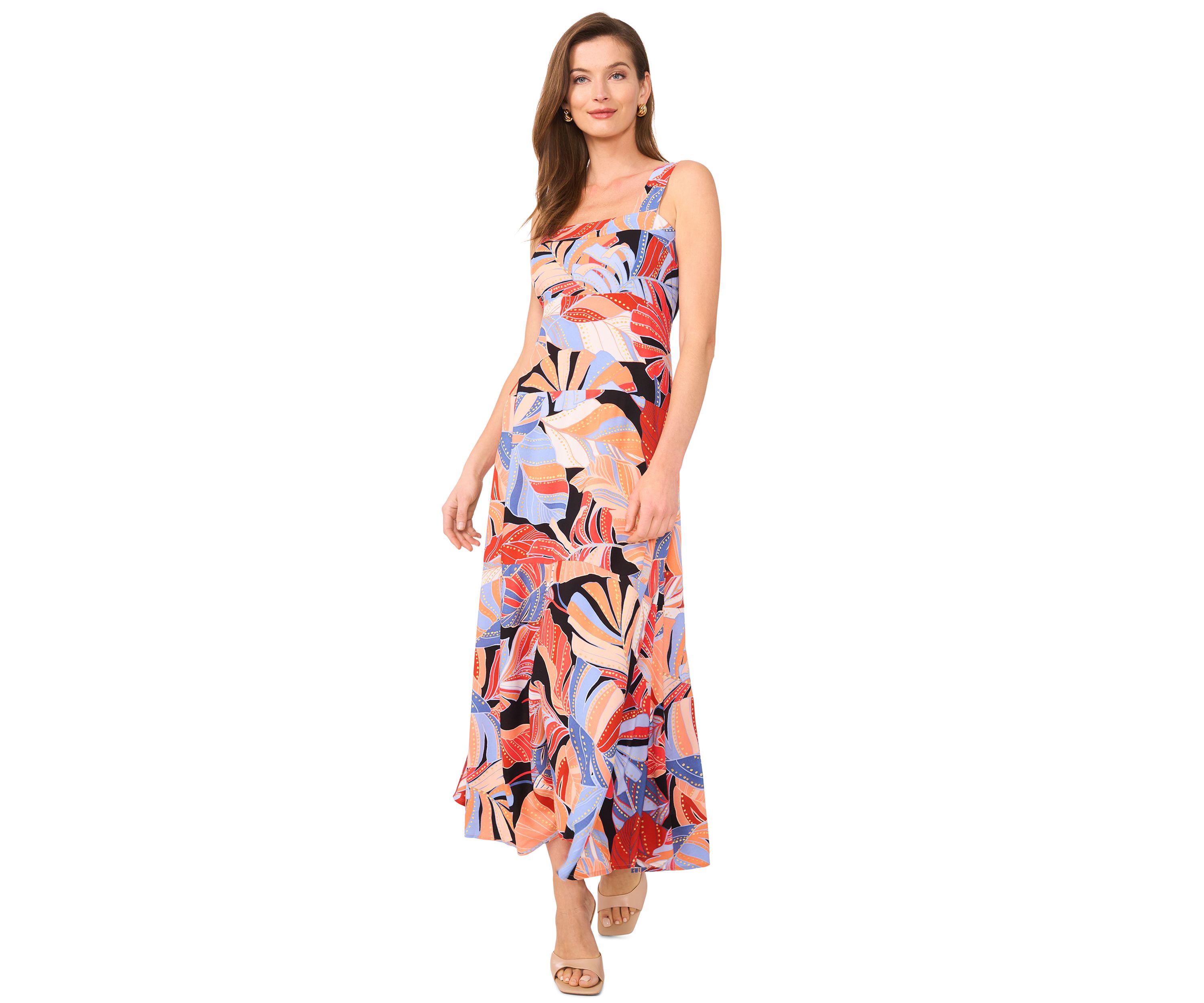 Womens Sleeveless Leaf Print Square Neck Dress
