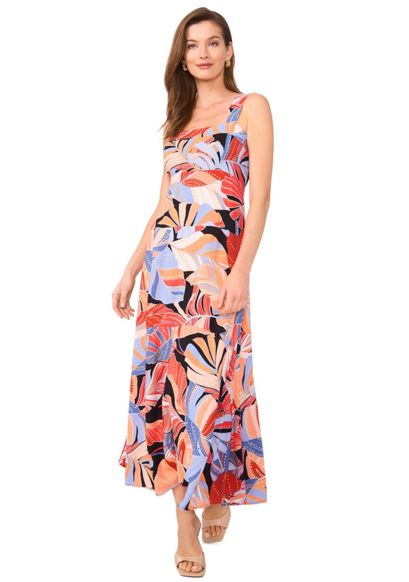Womens Sleeveless Leaf Print Square Neck Dress