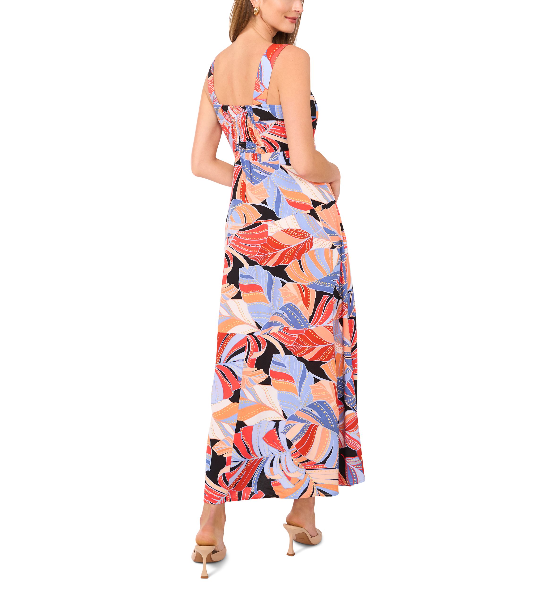 Womens Sleeveless Leaf Print Square Neck Dress