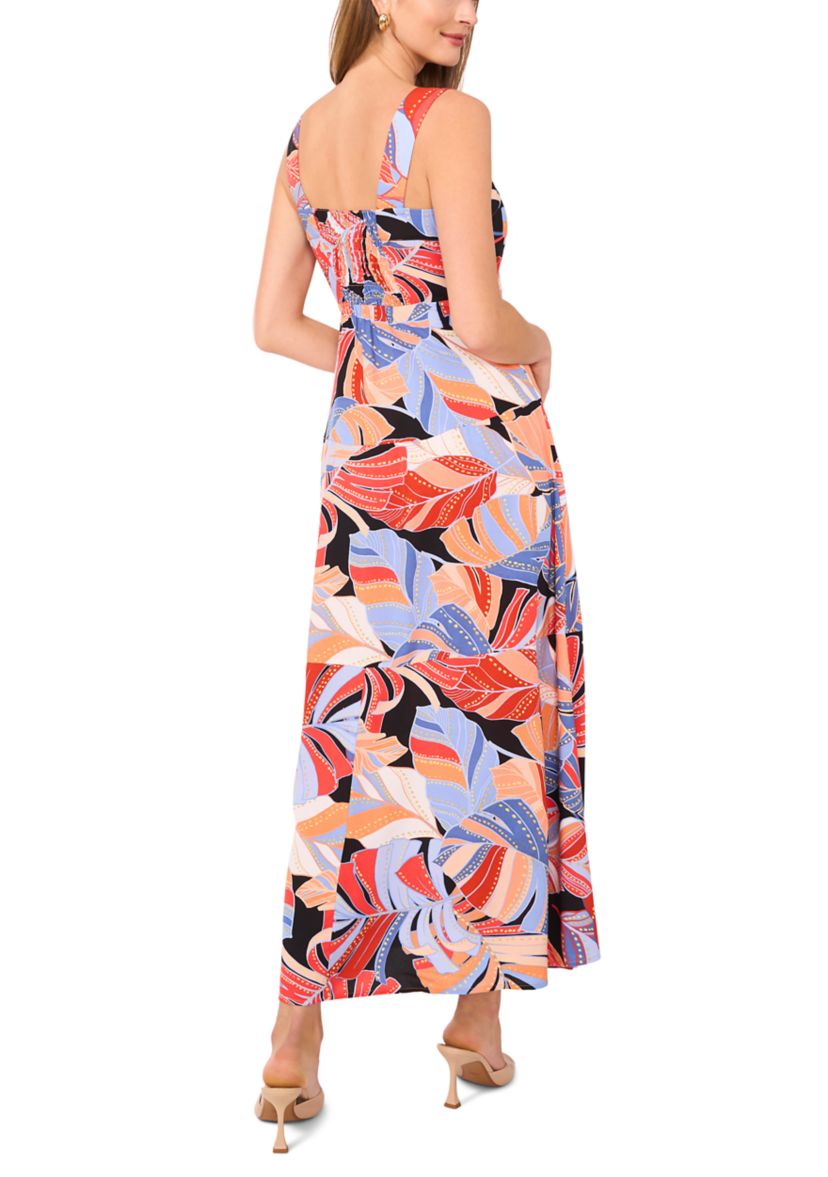 Womens Sleeveless Leaf Print Square Neck Dress