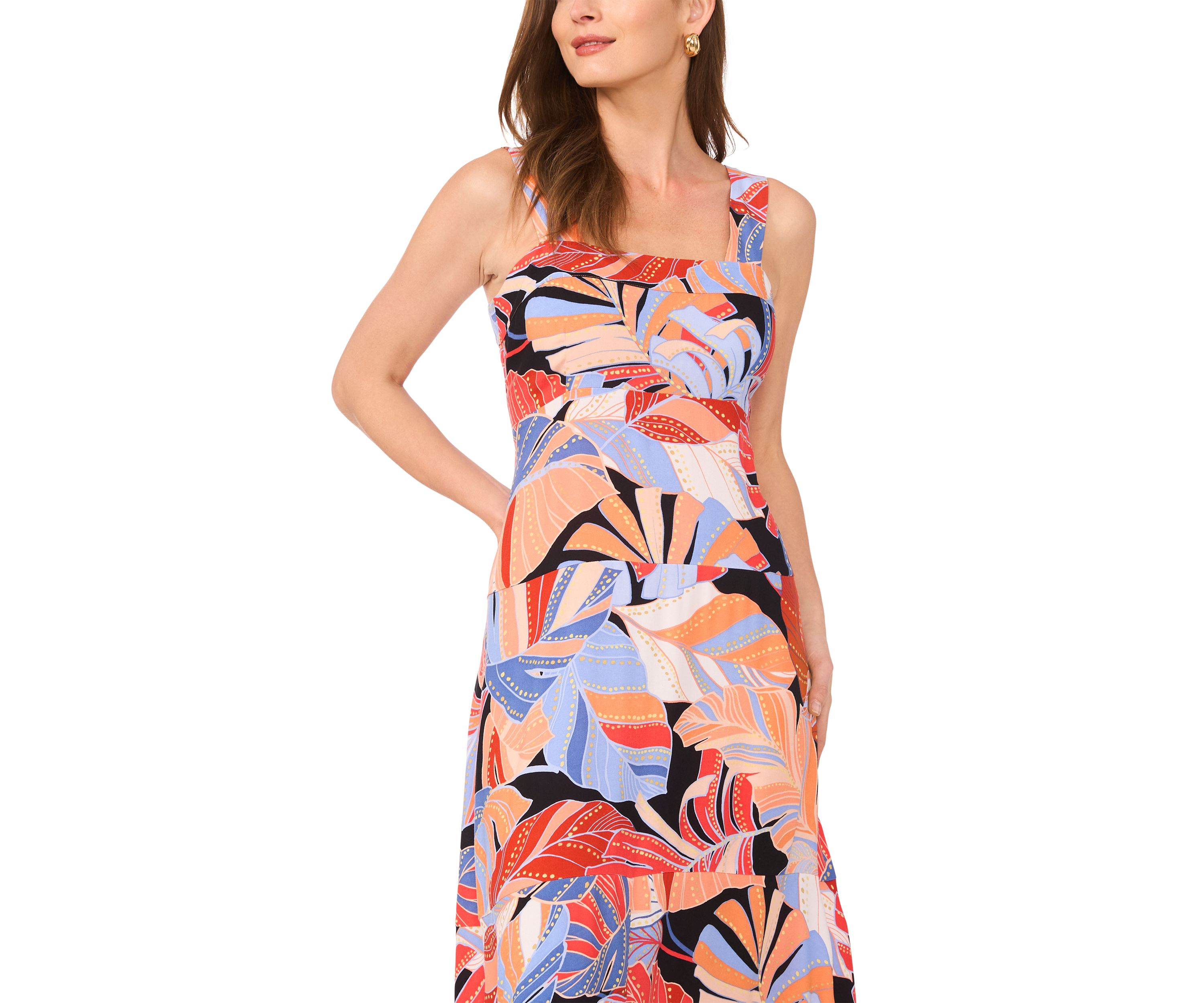 Womens Sleeveless Leaf Print Square Neck Dress