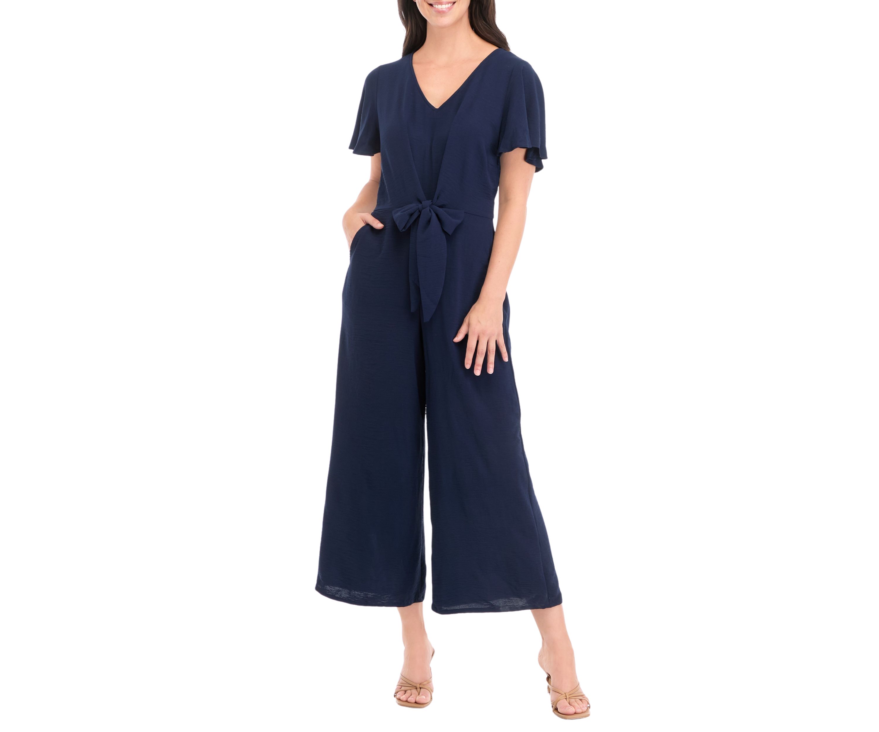 Womens Short Sleeve Tie Waist Jumpsuit