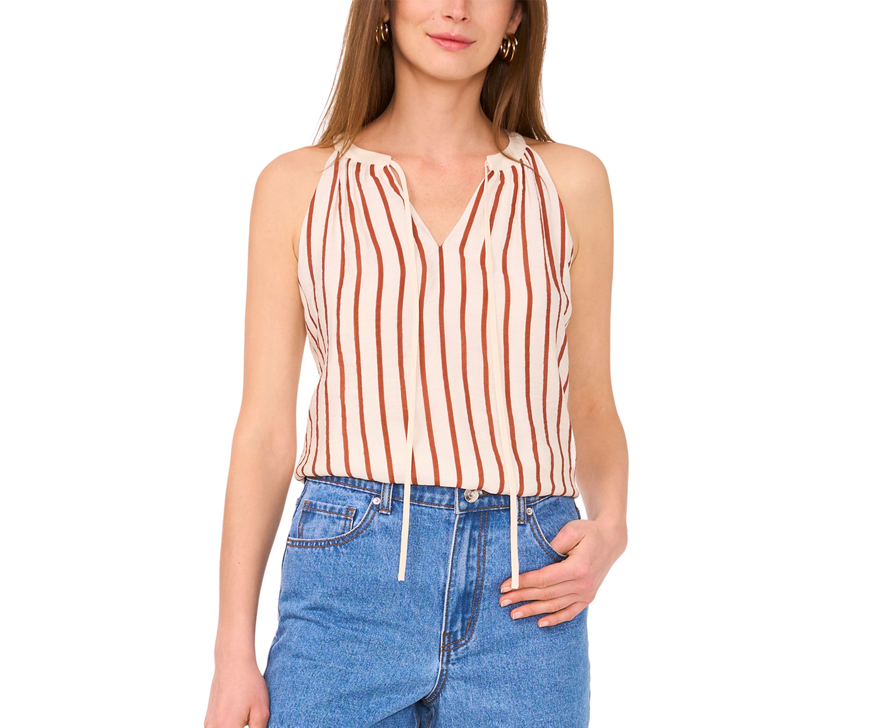 Womens Tie Neck Striped Blouse