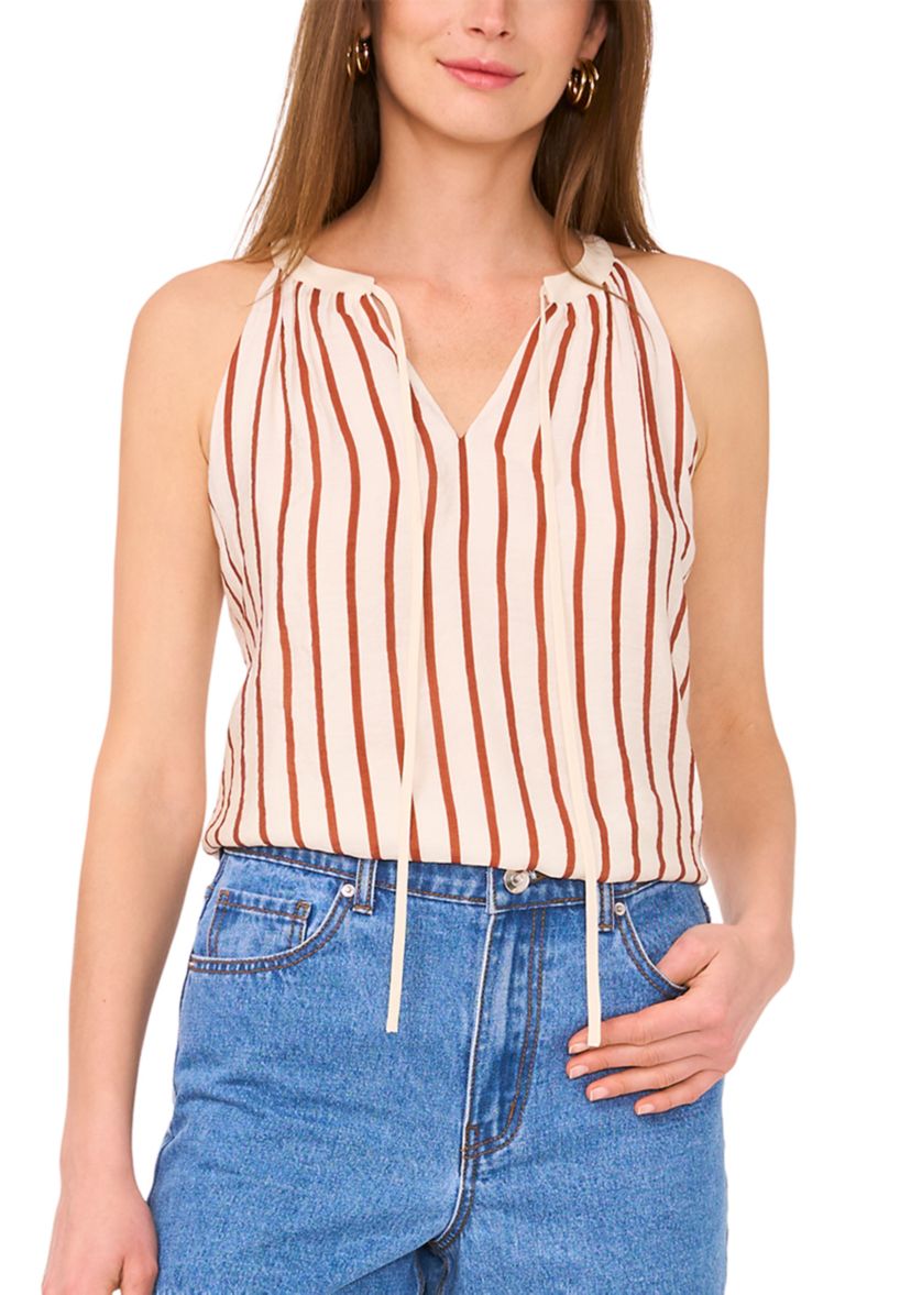 Womens Tie Neck Striped Blouse