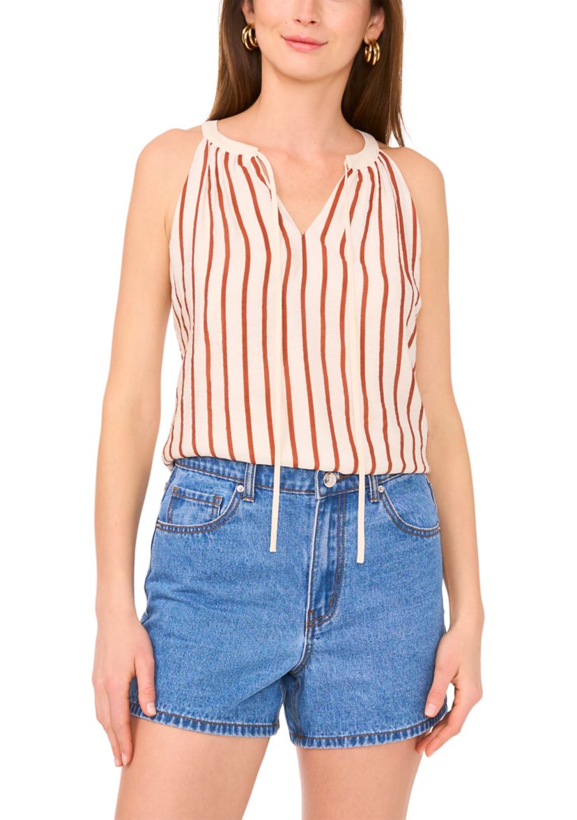 Womens Tie Neck Striped Blouse