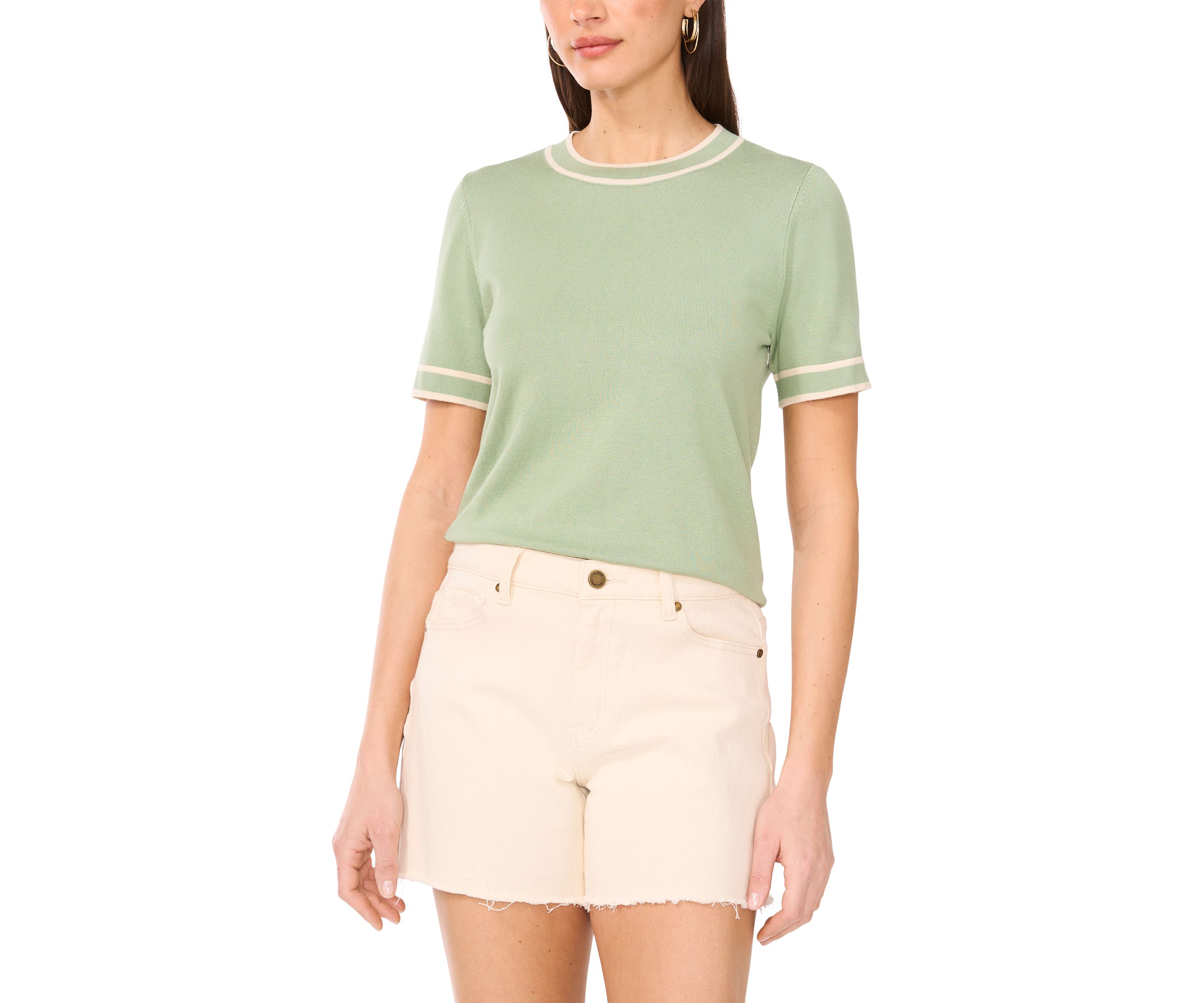 Womens Short Sleeve Tipped Crew Neck Sweater