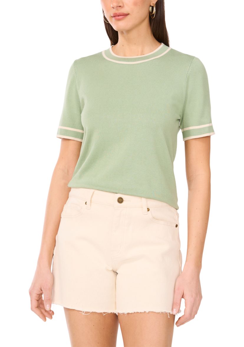 Womens Short Sleeve Tipped Crew Neck Sweater