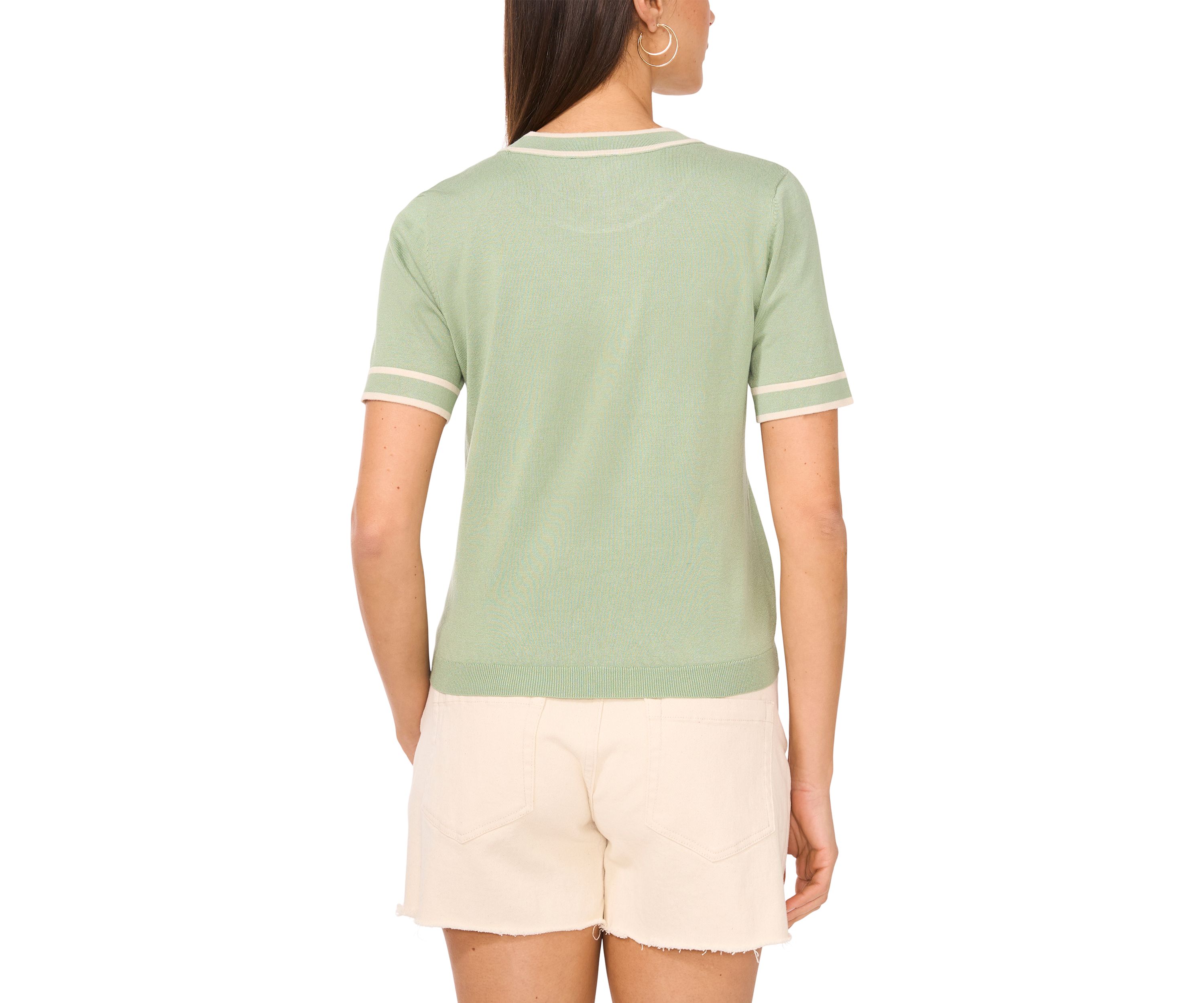 Womens Short Sleeve Tipped Crew Neck Sweater