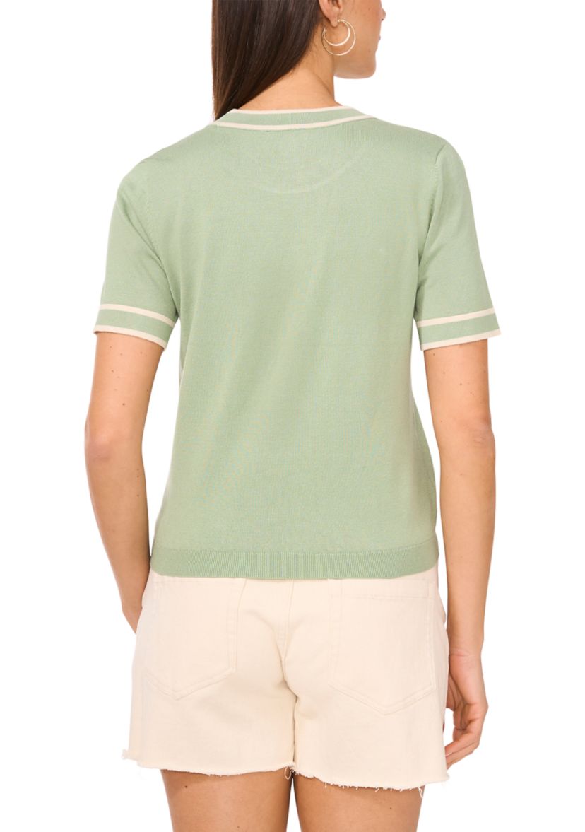 Womens Short Sleeve Tipped Crew Neck Sweater