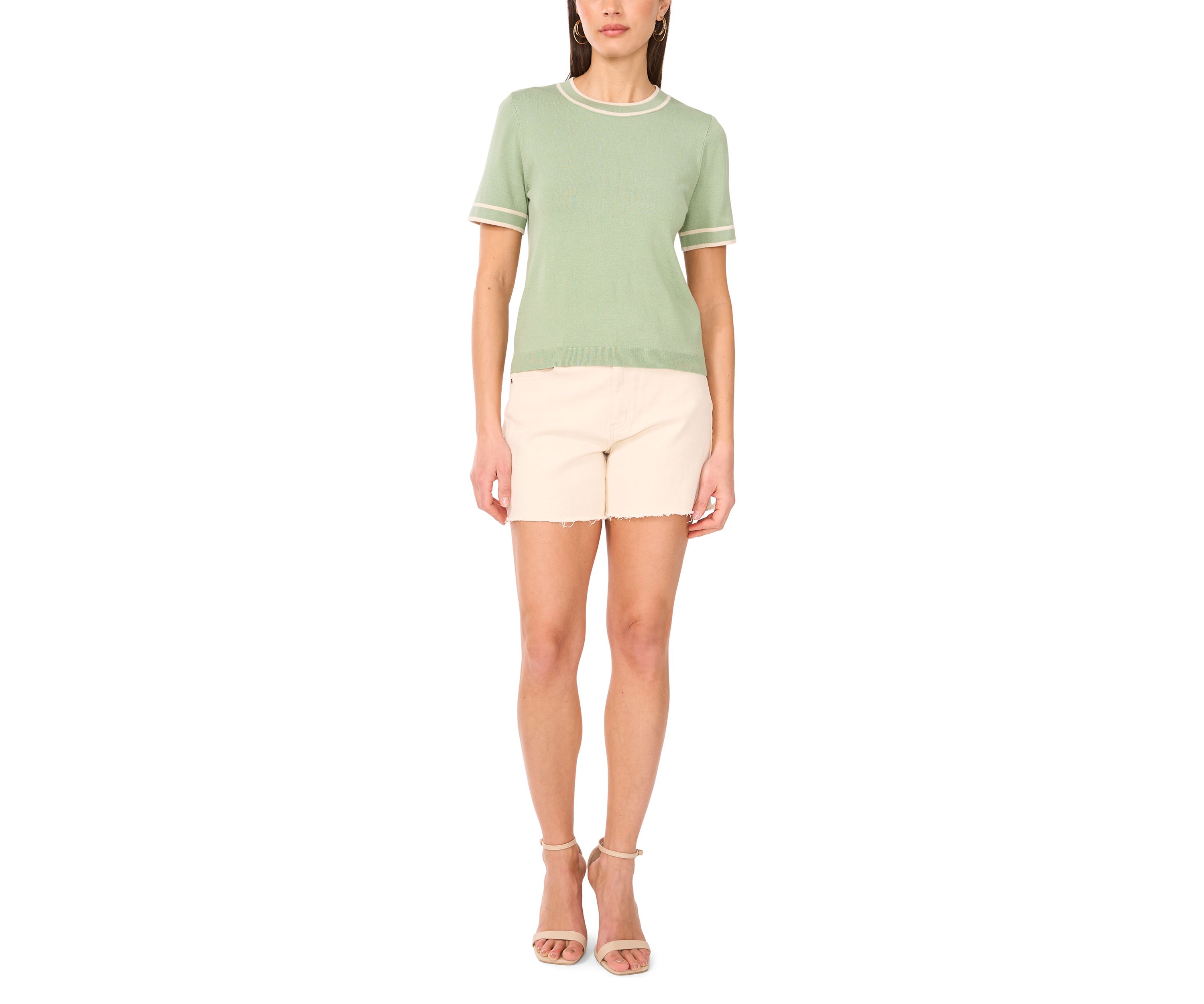 Womens Short Sleeve Tipped Crew Neck Sweater