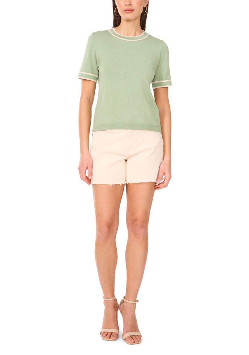 Womens Short Sleeve Tipped Crew Neck Sweater