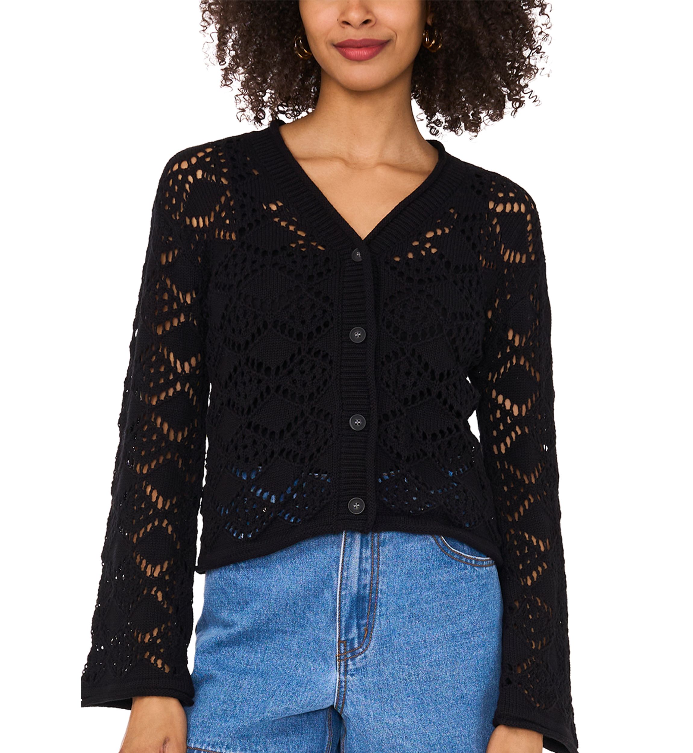 Womens Long Sleeve V-Neck Button Crochet Cardigan