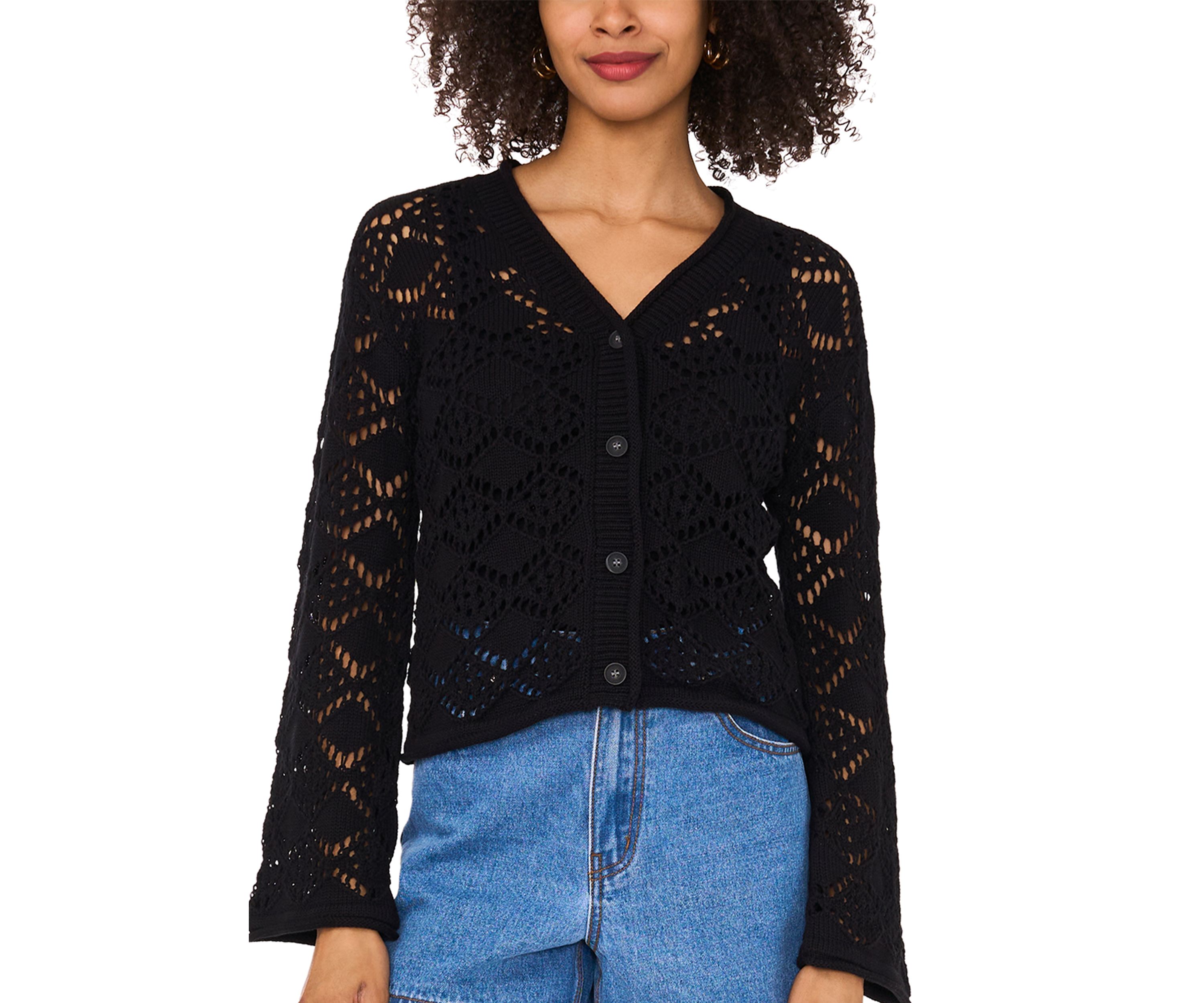 Womens Long Sleeve V-Neck Button Crochet Cardigan