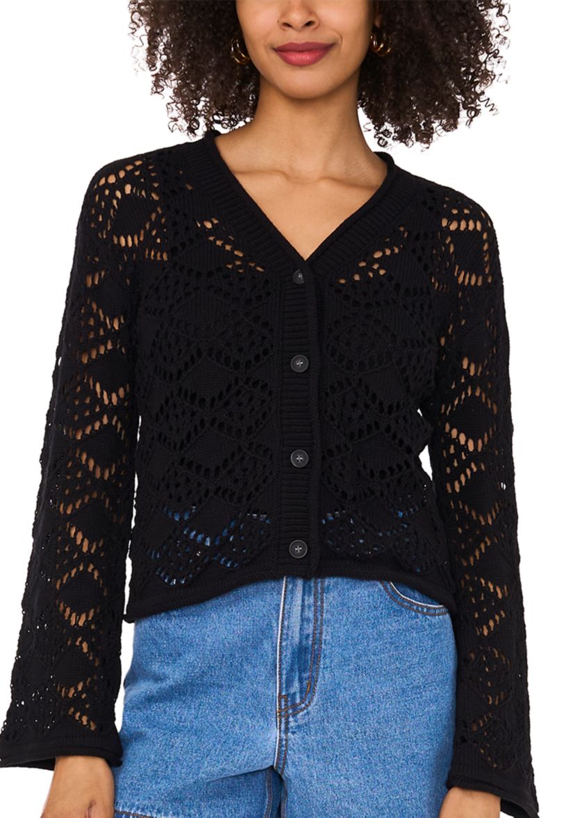Womens Long Sleeve V-Neck Button Crochet Cardigan