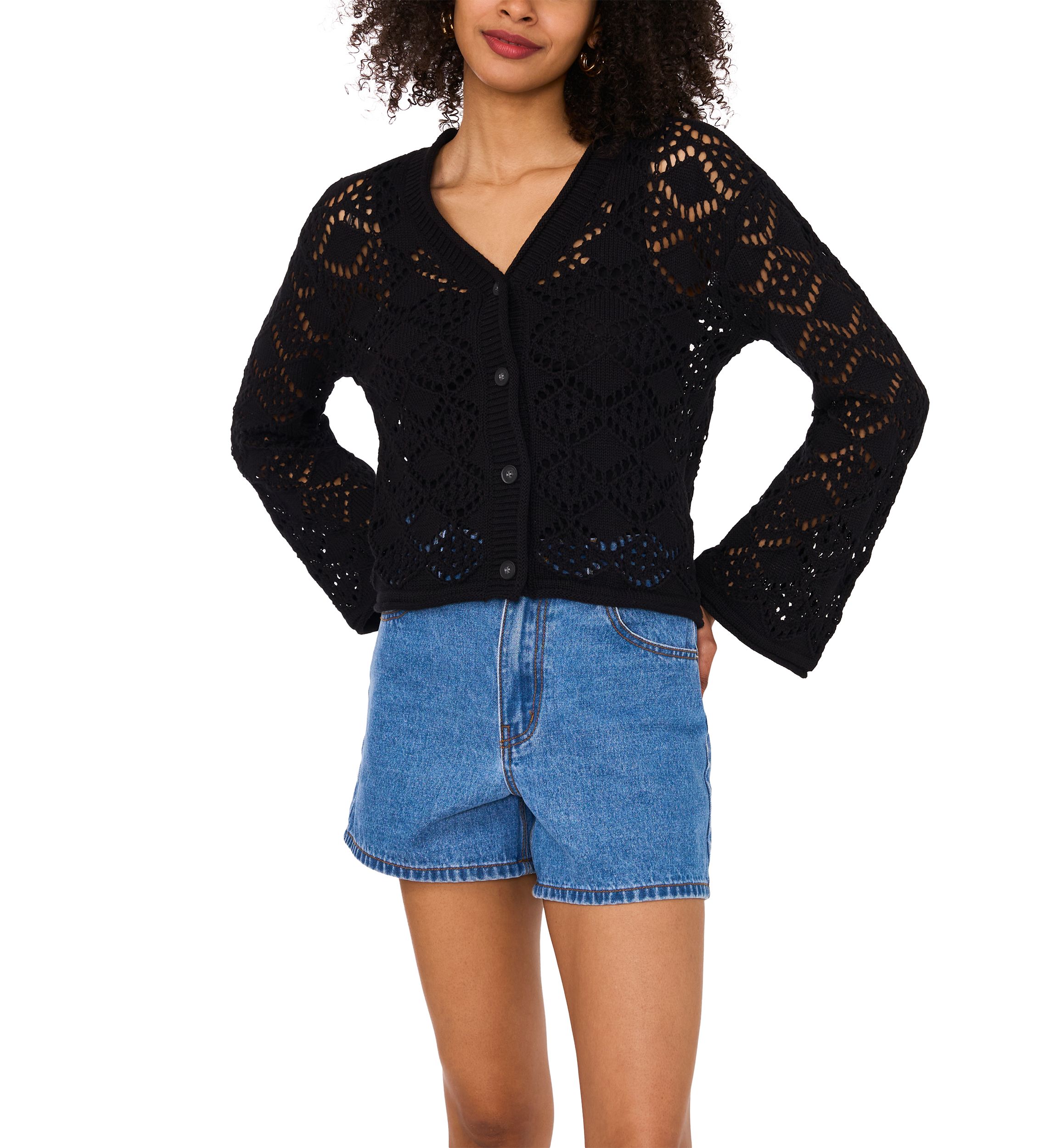 Womens Long Sleeve V-Neck Button Crochet Cardigan