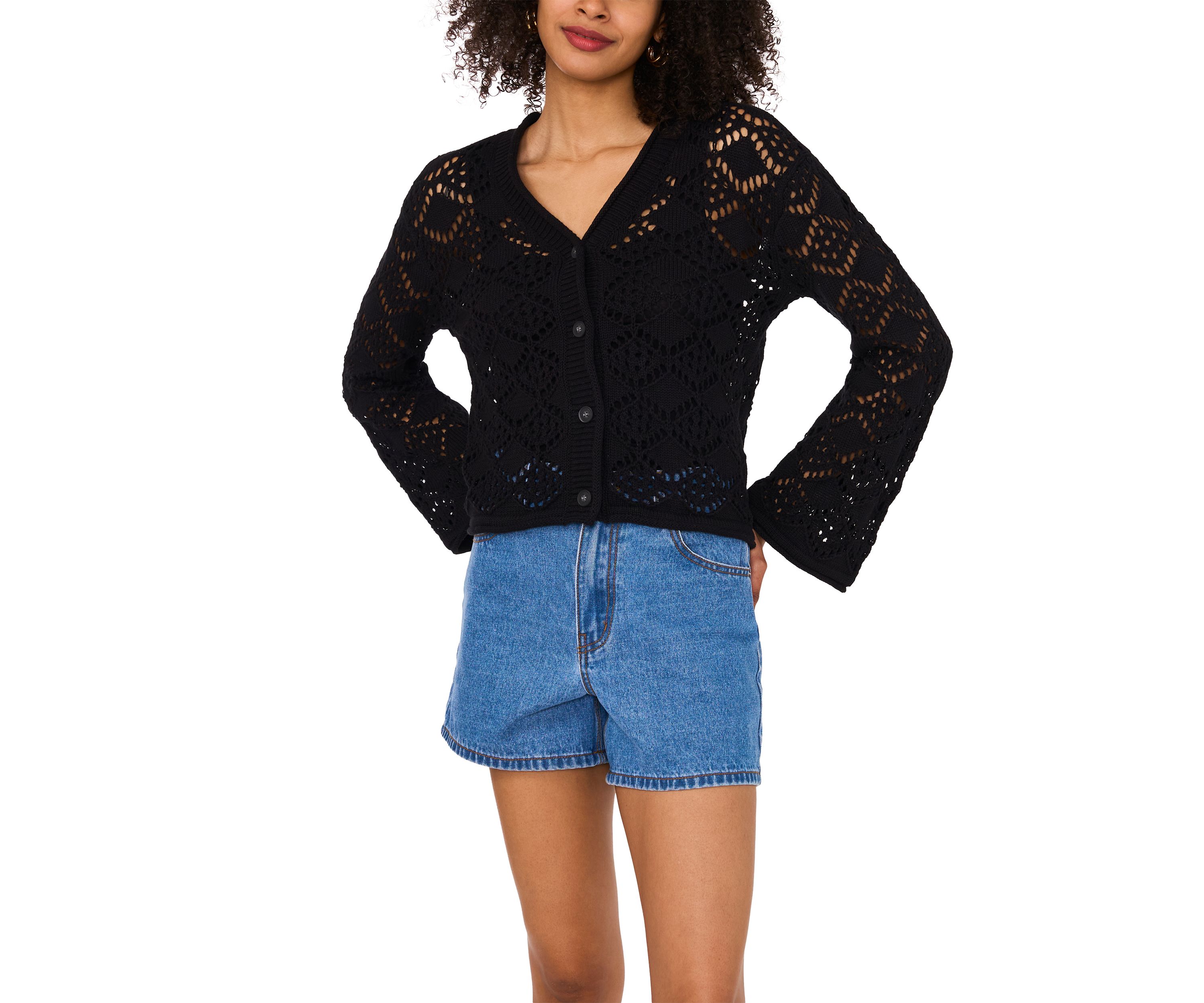 Womens Long Sleeve V-Neck Button Crochet Cardigan