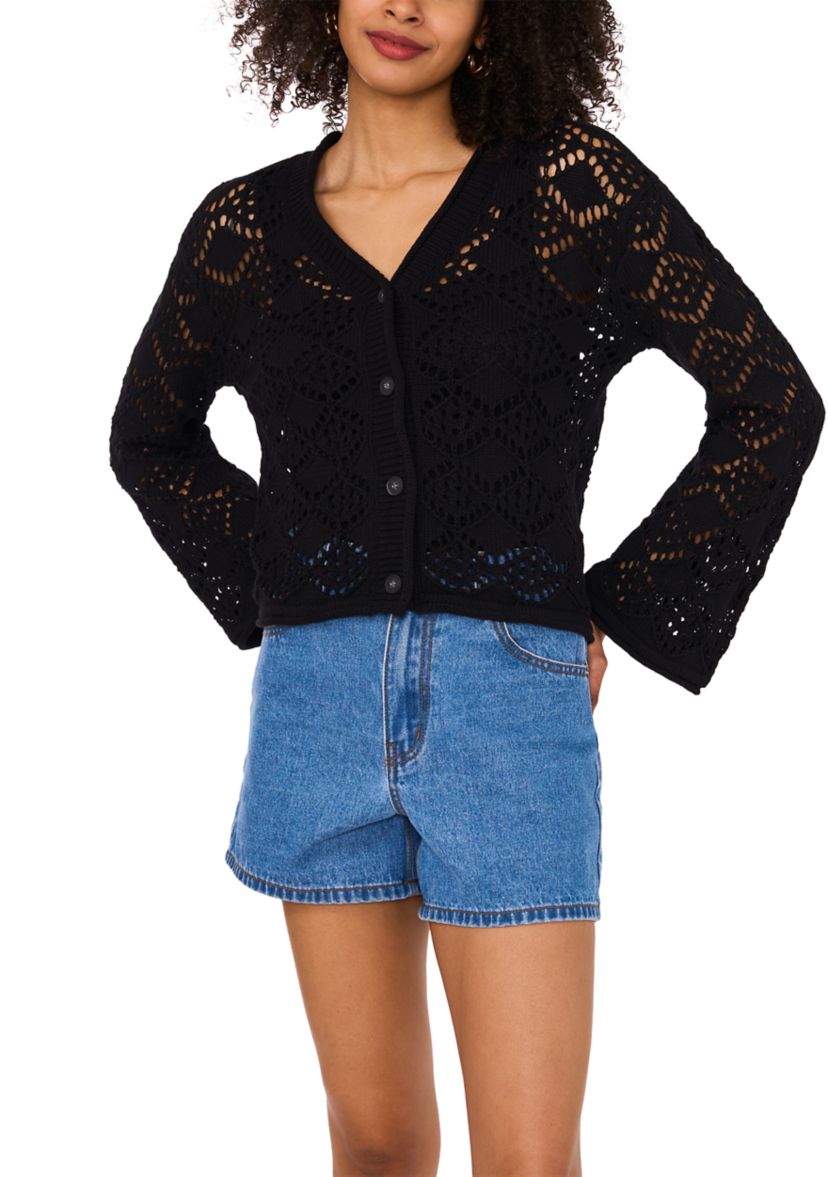 Womens Long Sleeve V-Neck Button Crochet Cardigan