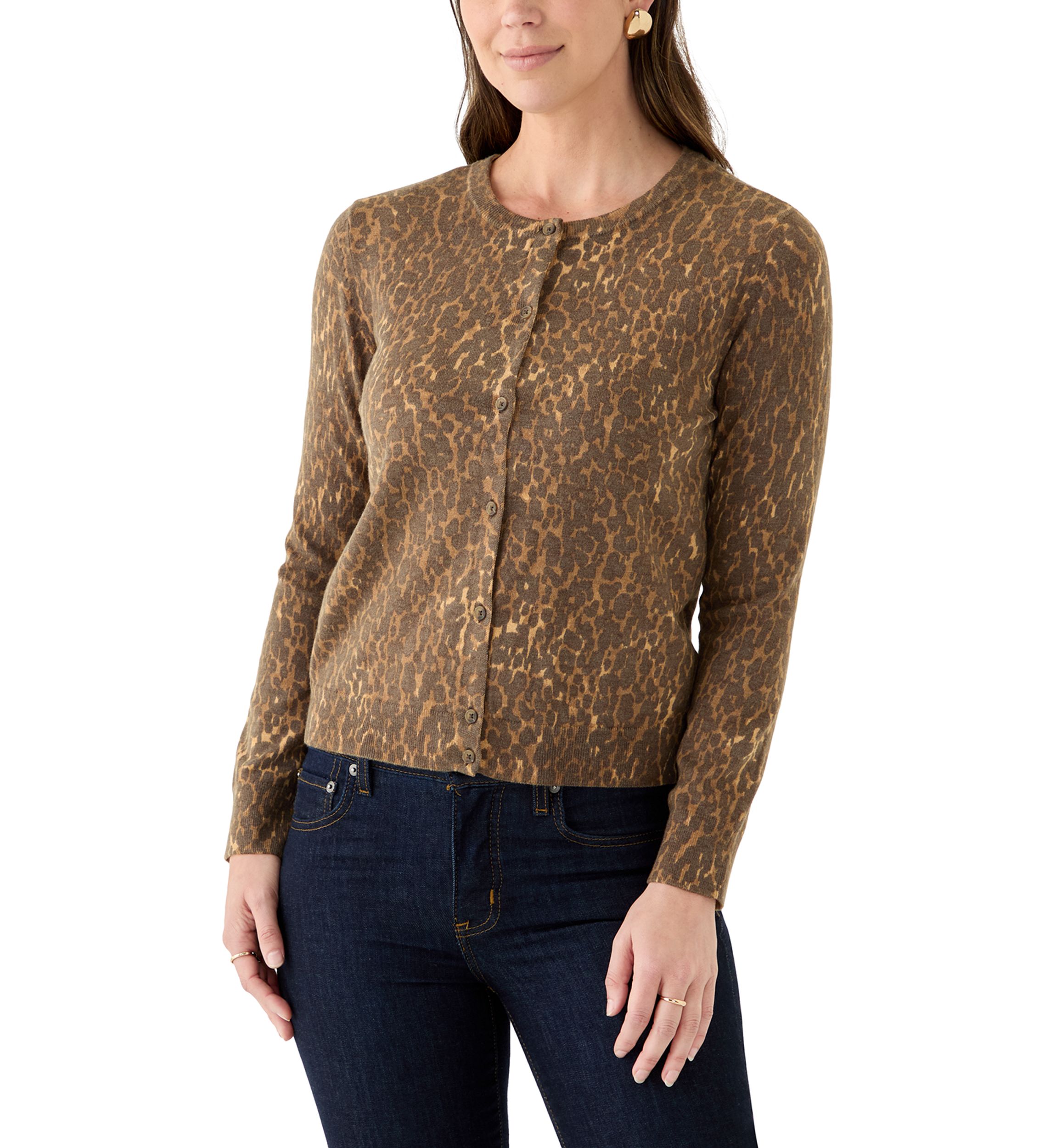 Womens Button Front Animal Print Cardigan 
