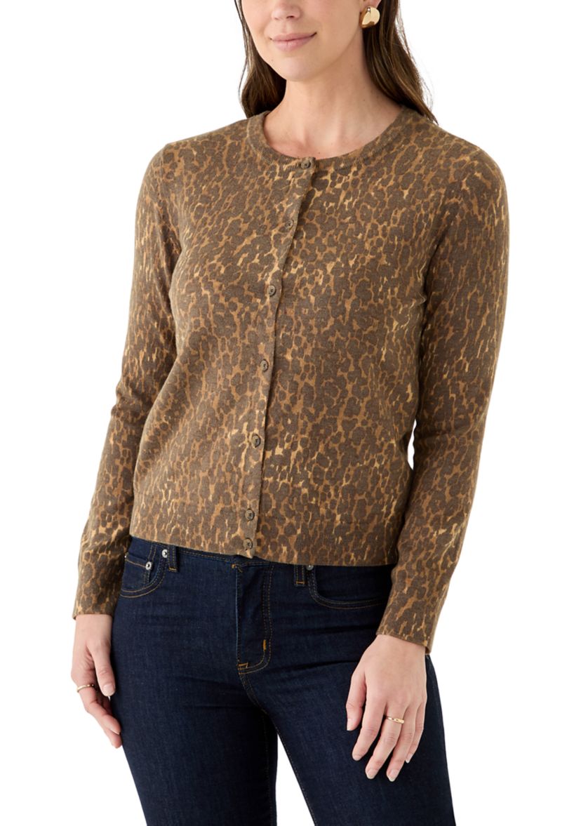 Womens Button Front Animal Print Cardigan 