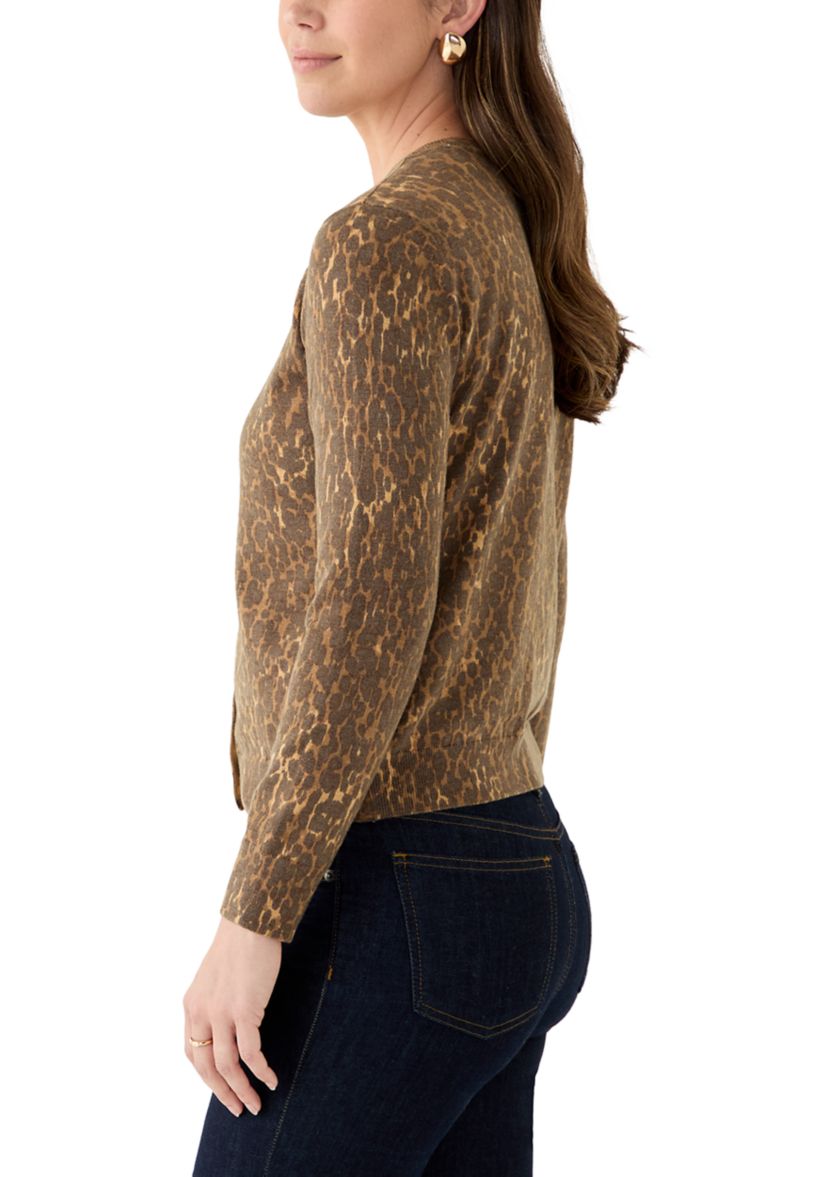 Womens Button Front Animal Print Cardigan 