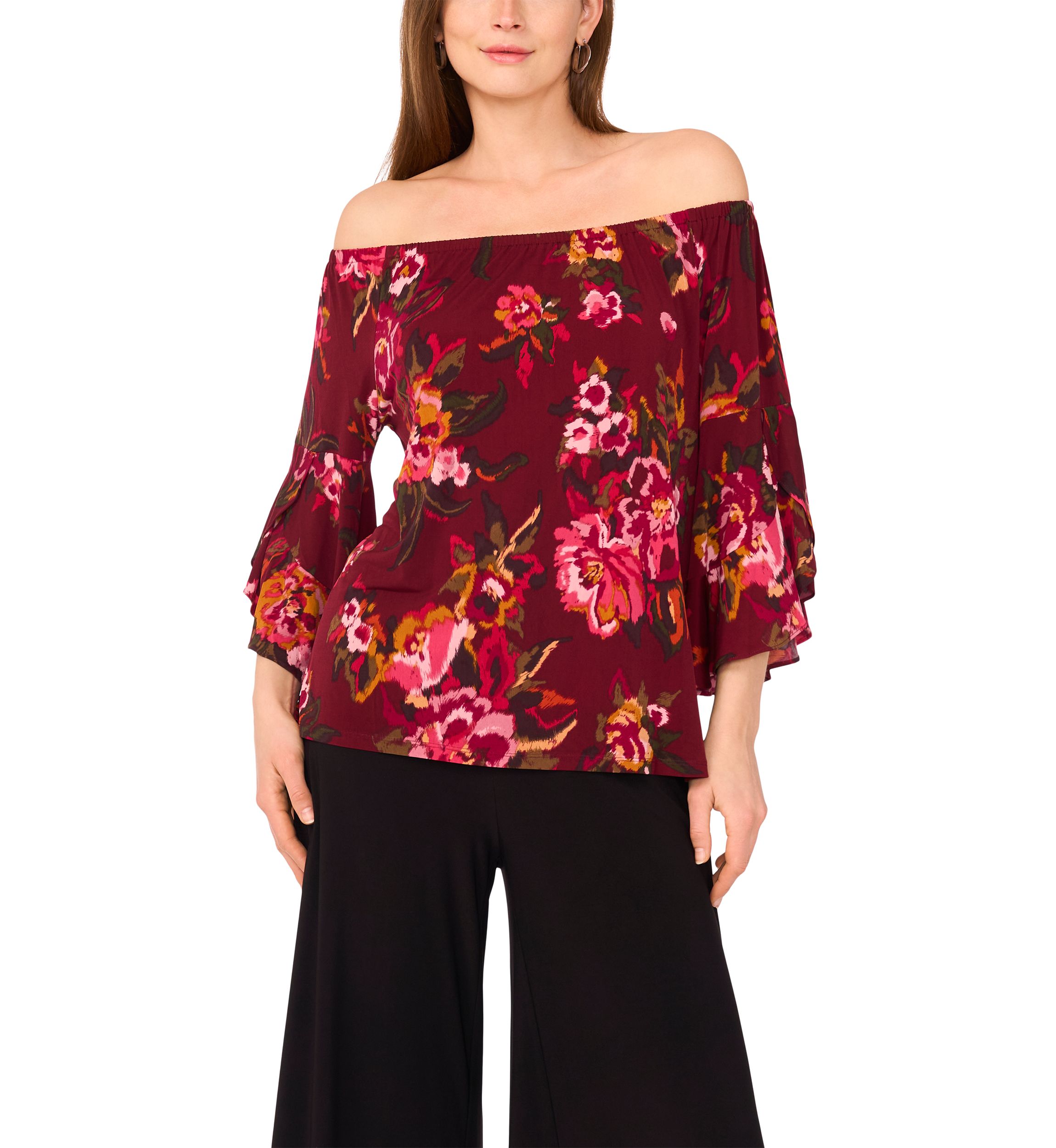 Womens Flutter Sleeve Off the Shoulder Floral Top 