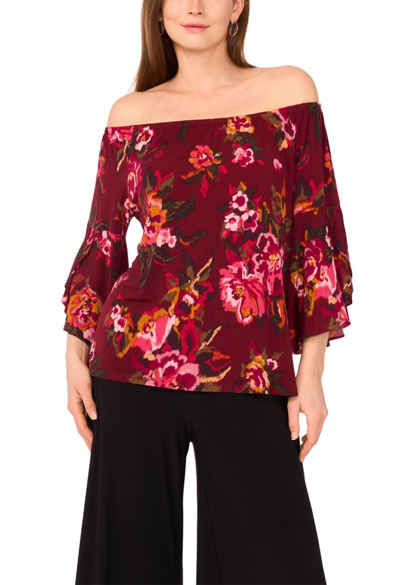 Womens Flutter Sleeve Off the Shoulder Floral Top 