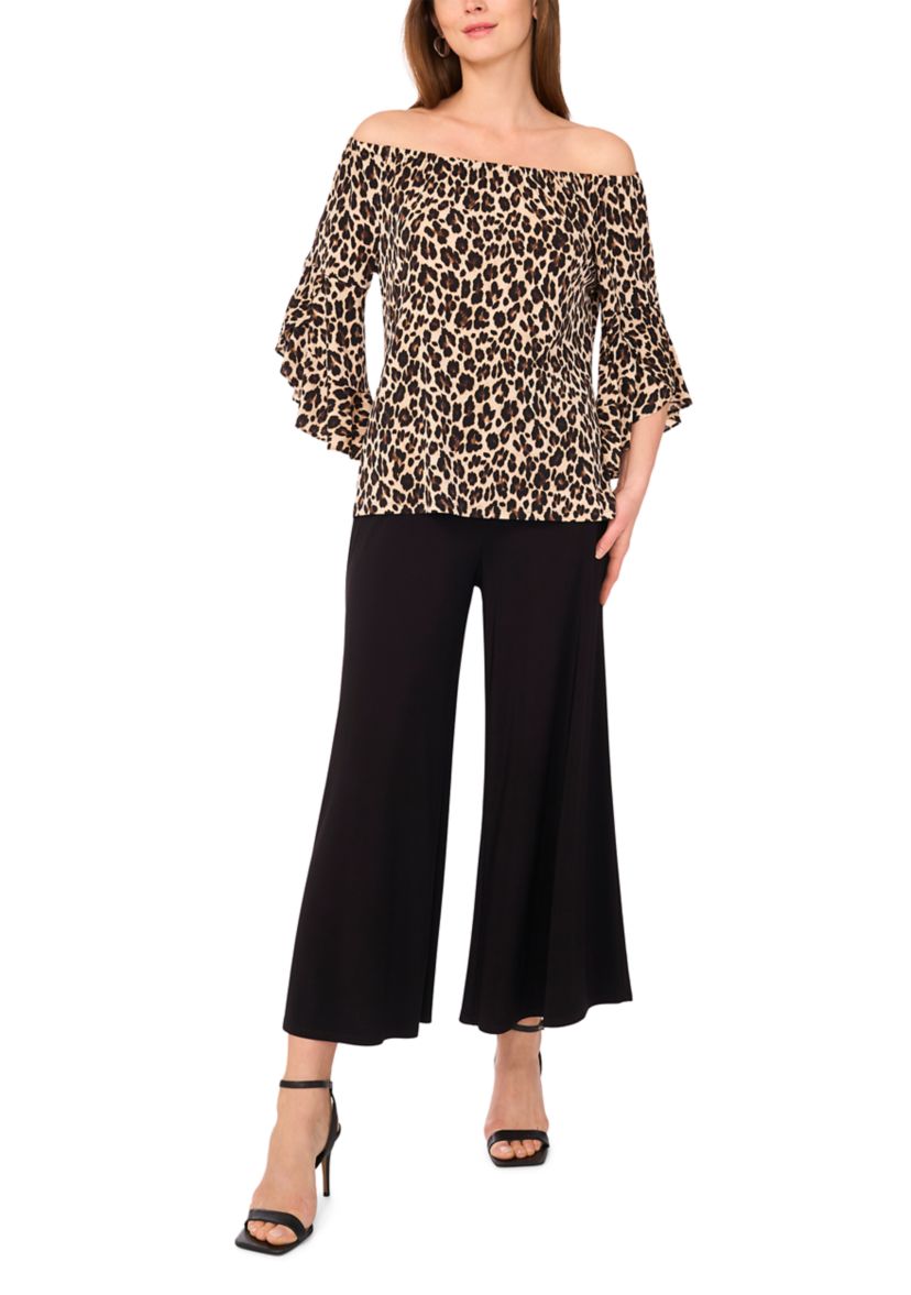 Womens Flutter Sleeve Animal Printed Off the Shoulder Top 