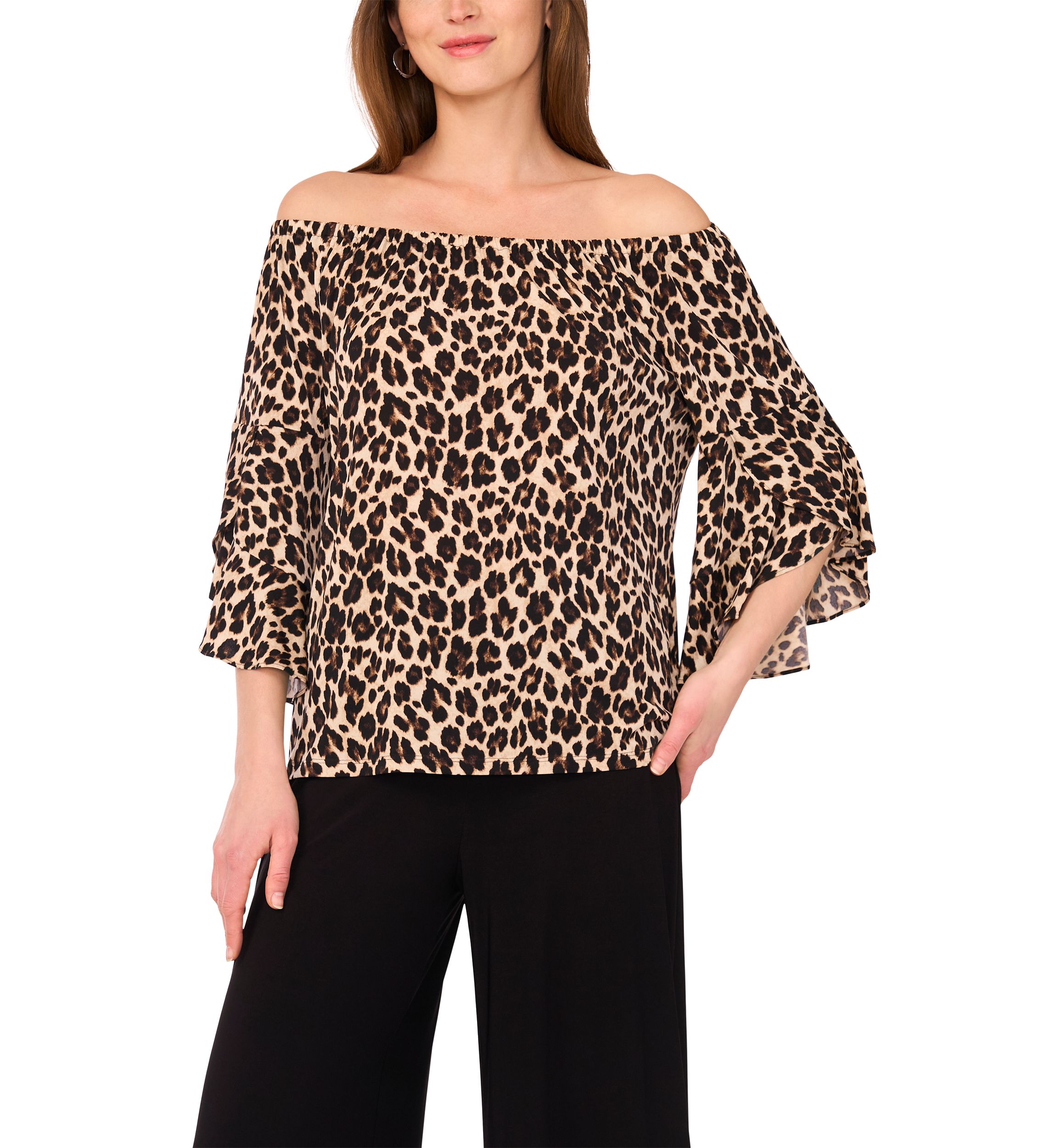 Womens Flutter Sleeve Animal Printed Off the Shoulder Top 