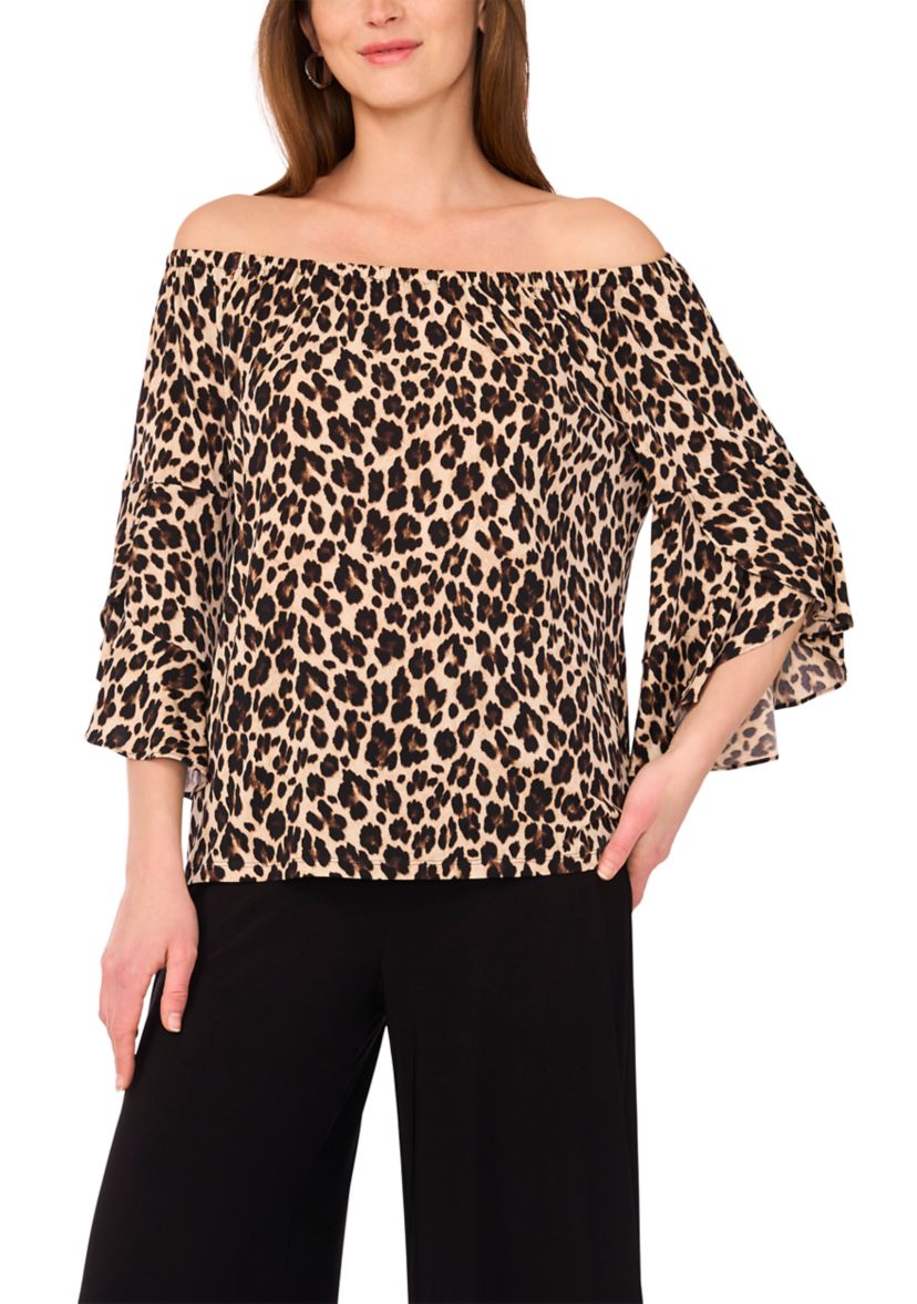 Womens Flutter Sleeve Animal Printed Off the Shoulder Top 