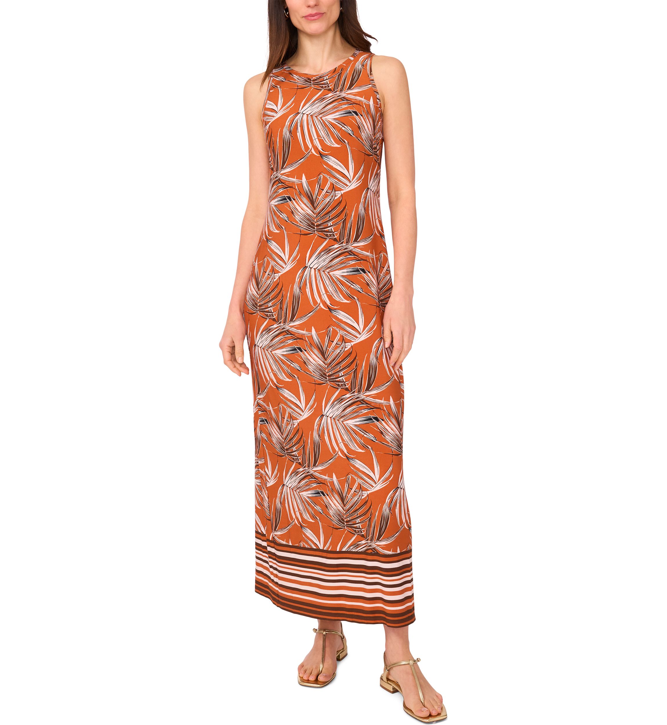 Womens Border Leaves Sleeveless Maxi Dress