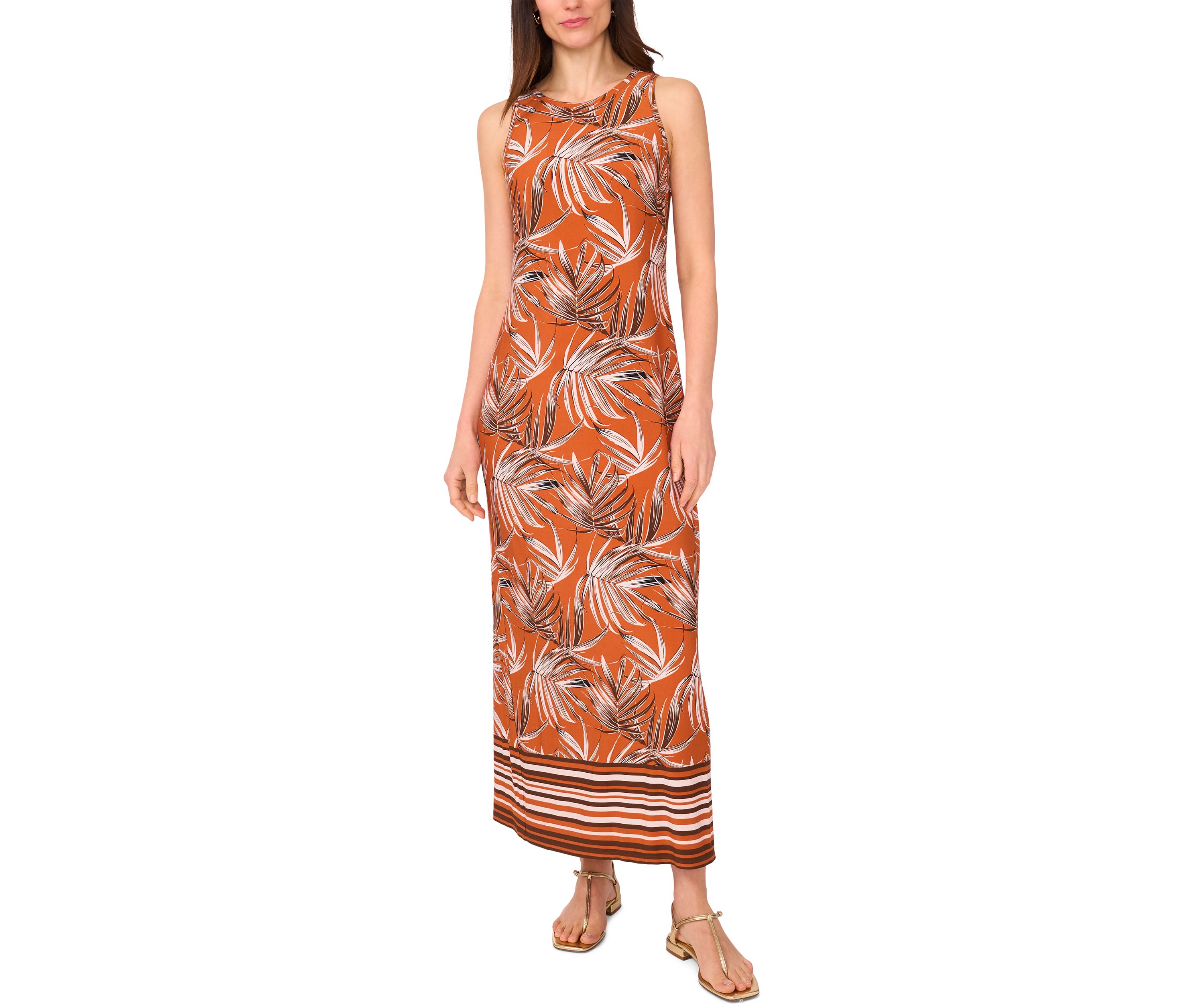 Womens Border Leaves Sleeveless Maxi Dress