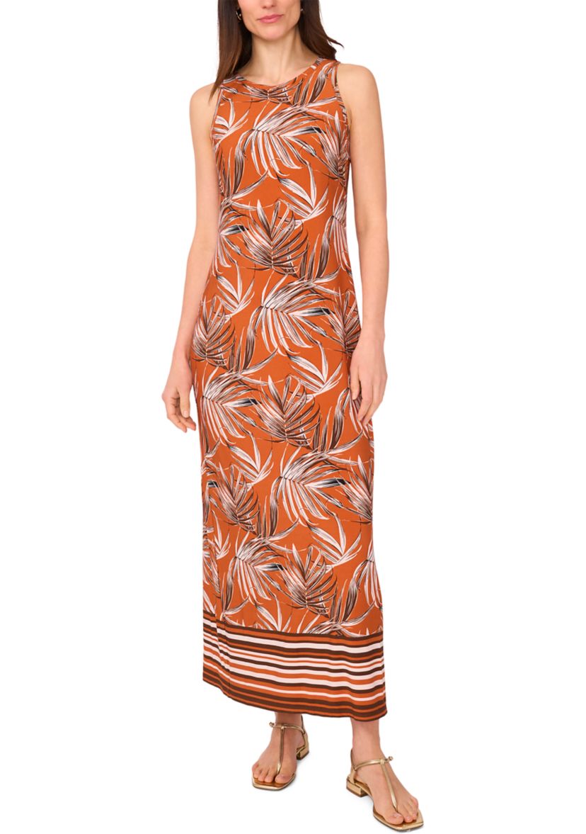 Womens Border Leaves Sleeveless Maxi Dress