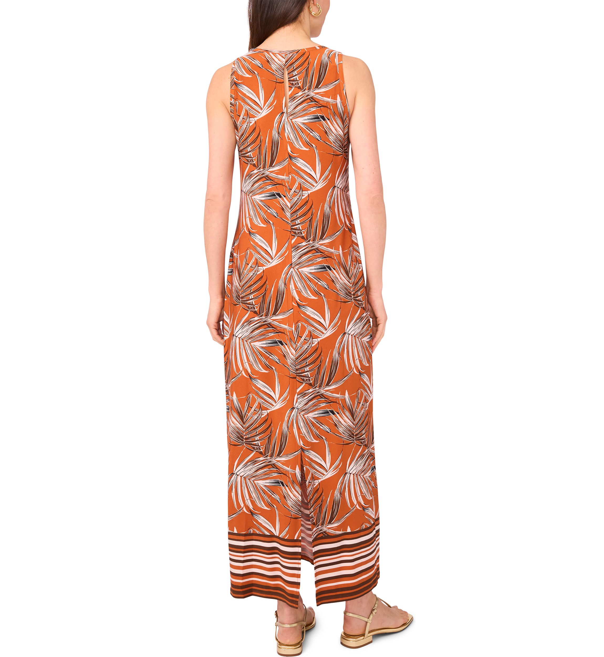 Womens Border Leaves Sleeveless Maxi Dress