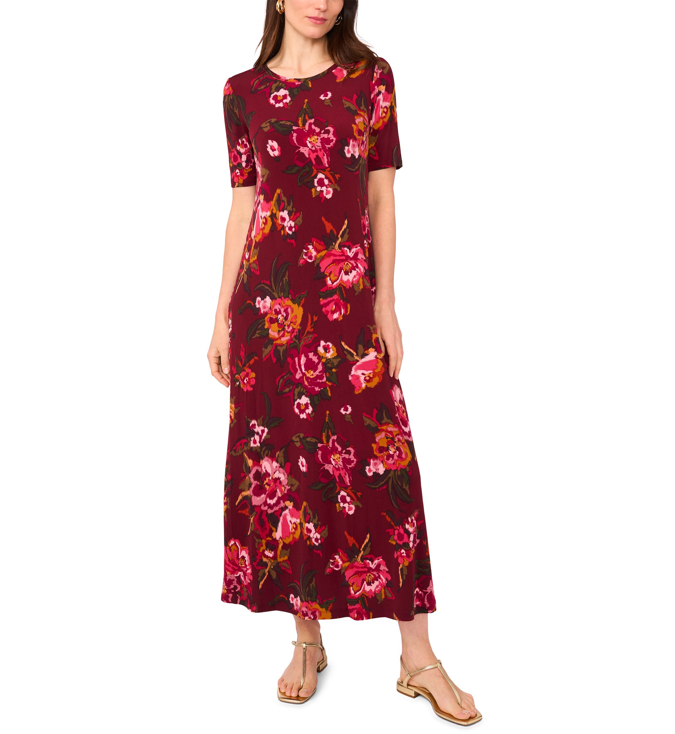 Womens Short Sleeve Crew Neck Floral Maxi Dress