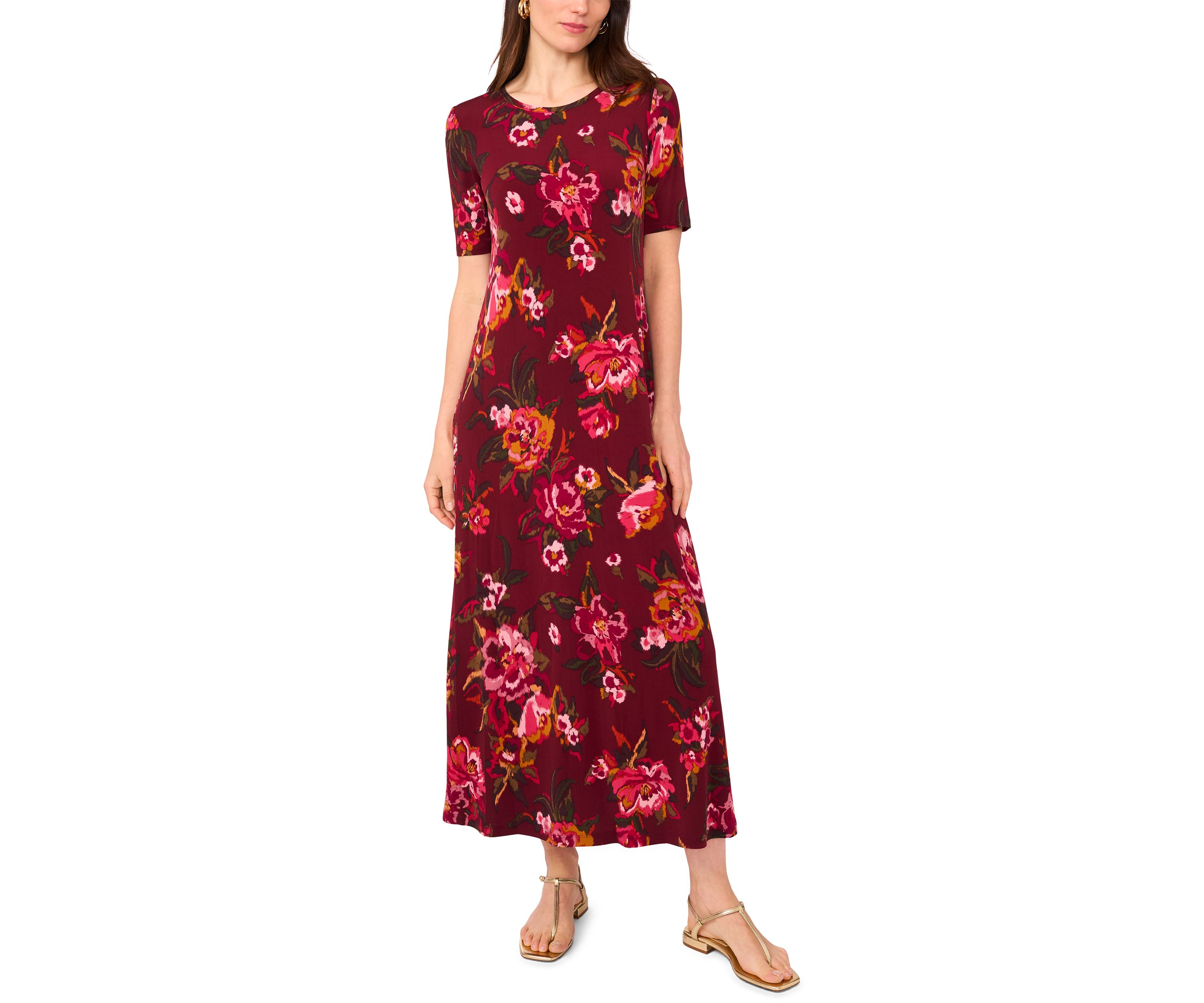 Womens Short Sleeve Crew Neck Floral Maxi Dress