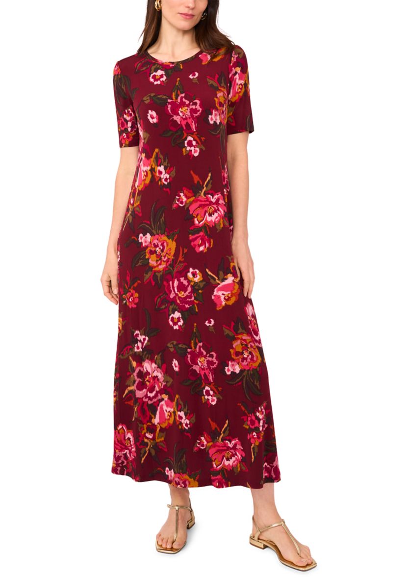 Womens Short Sleeve Crew Neck Floral Maxi Dress